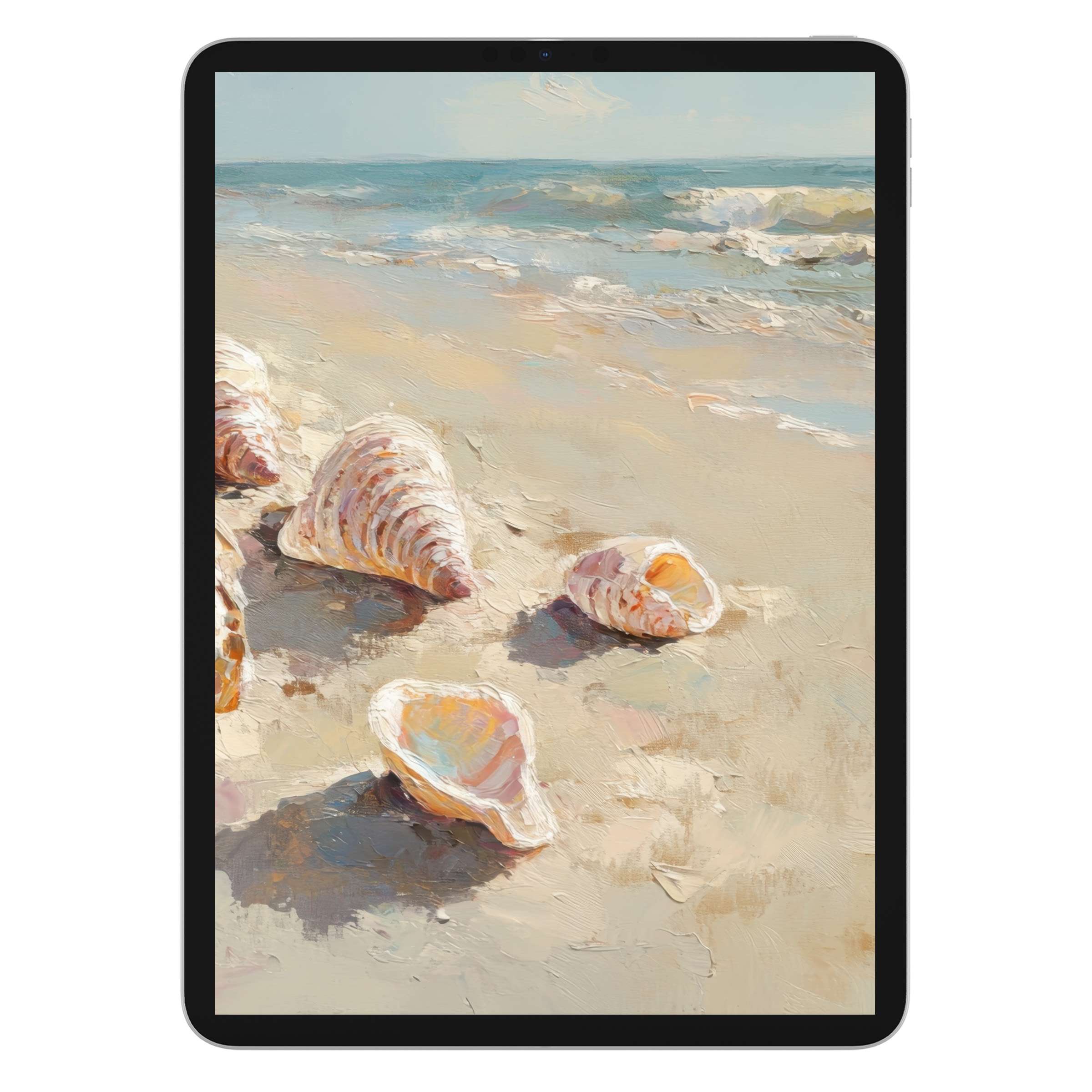 Elegant summer iPad wallpaper featuring serene ocean waves and seashells, perfect for a calming tablet background digital download