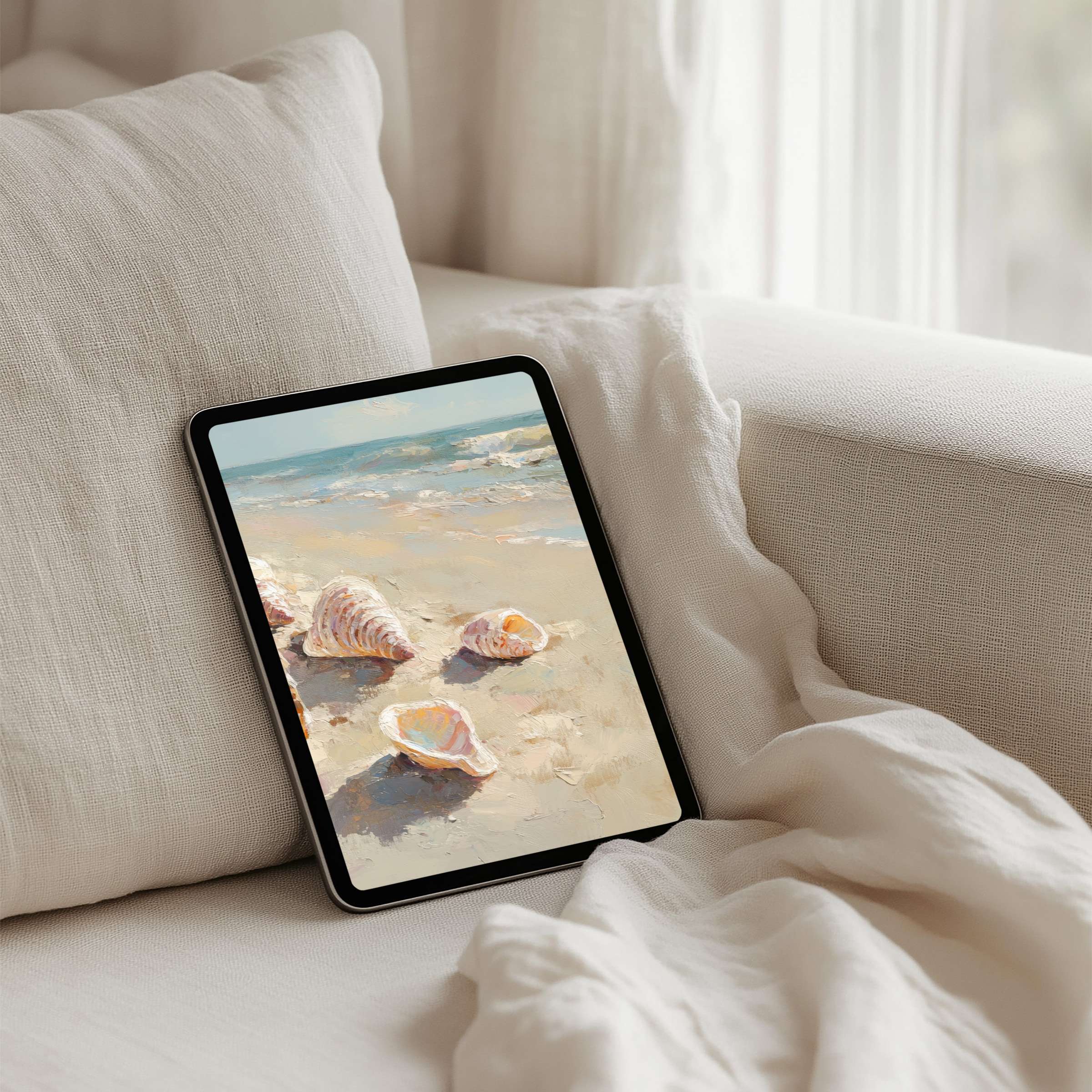 Elegant iPad background featuring serene beach scene with seashells and soft waves perfect for tablets instant download for mindfulness