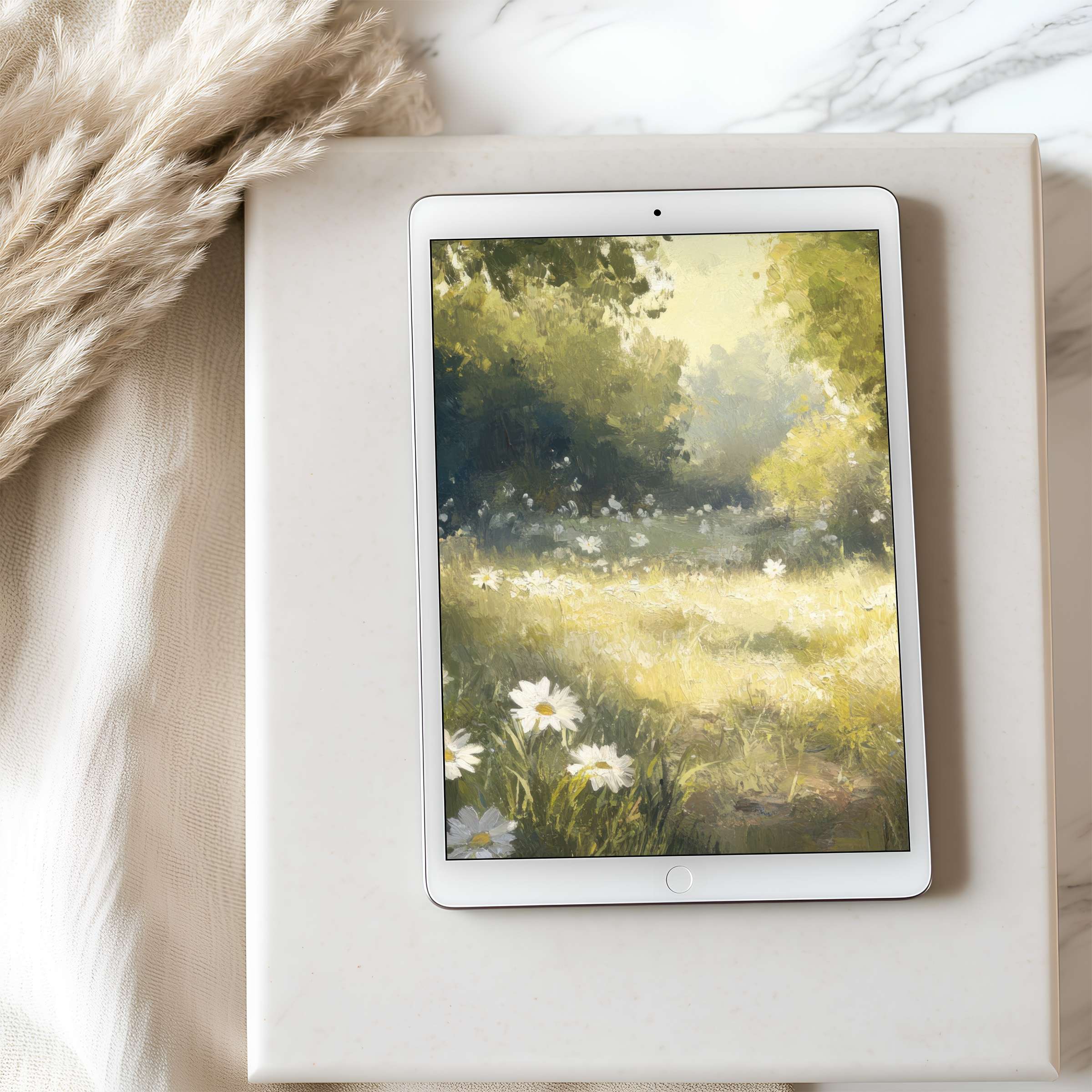 Serene landscape tablet wallpaper with lush greenery and daisies, perfect for high-resolution digital download on iPad or Android