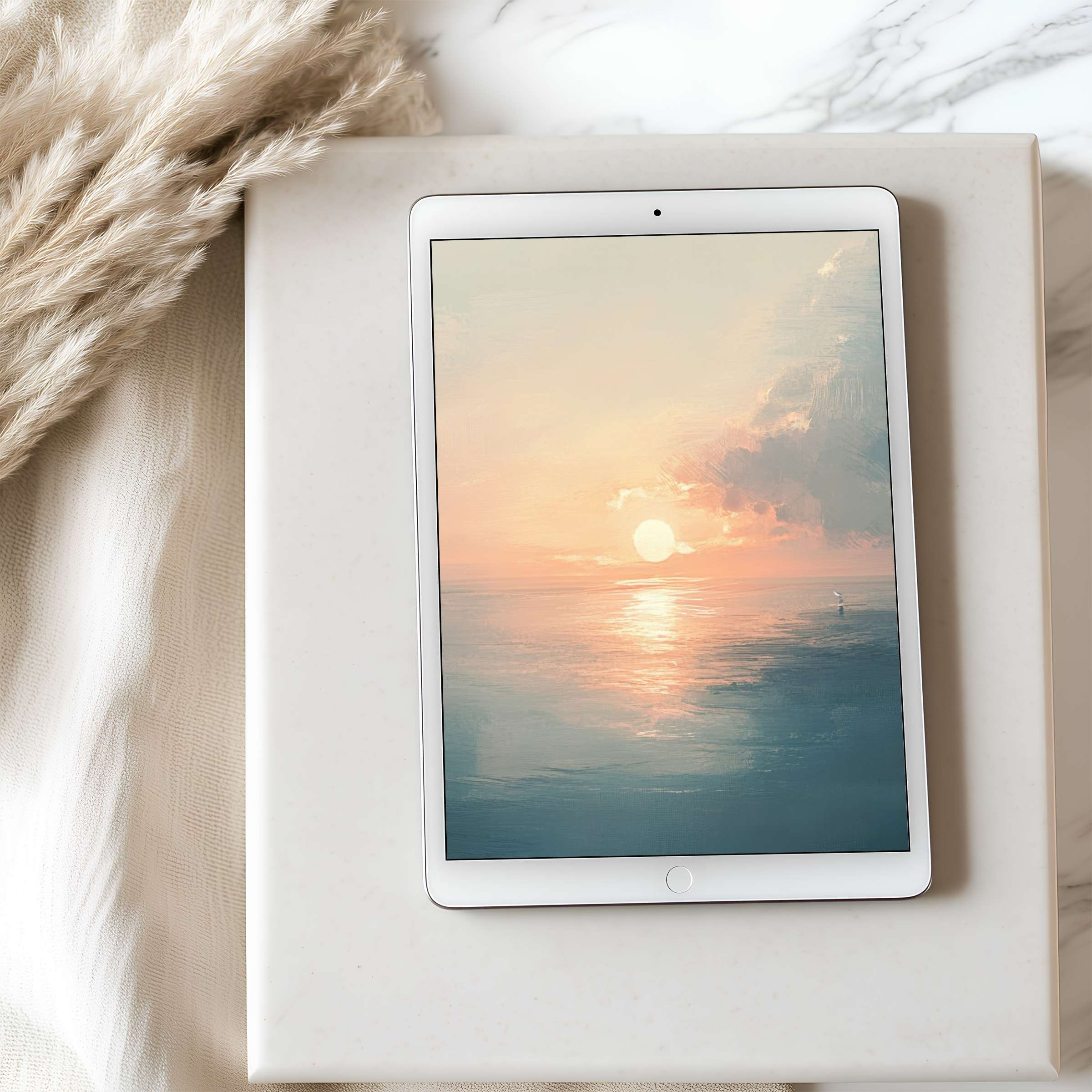 Elegant tablet wallpaper showcasing a serene sunset over the ocean in high resolution perfect for iPad and Android digital download