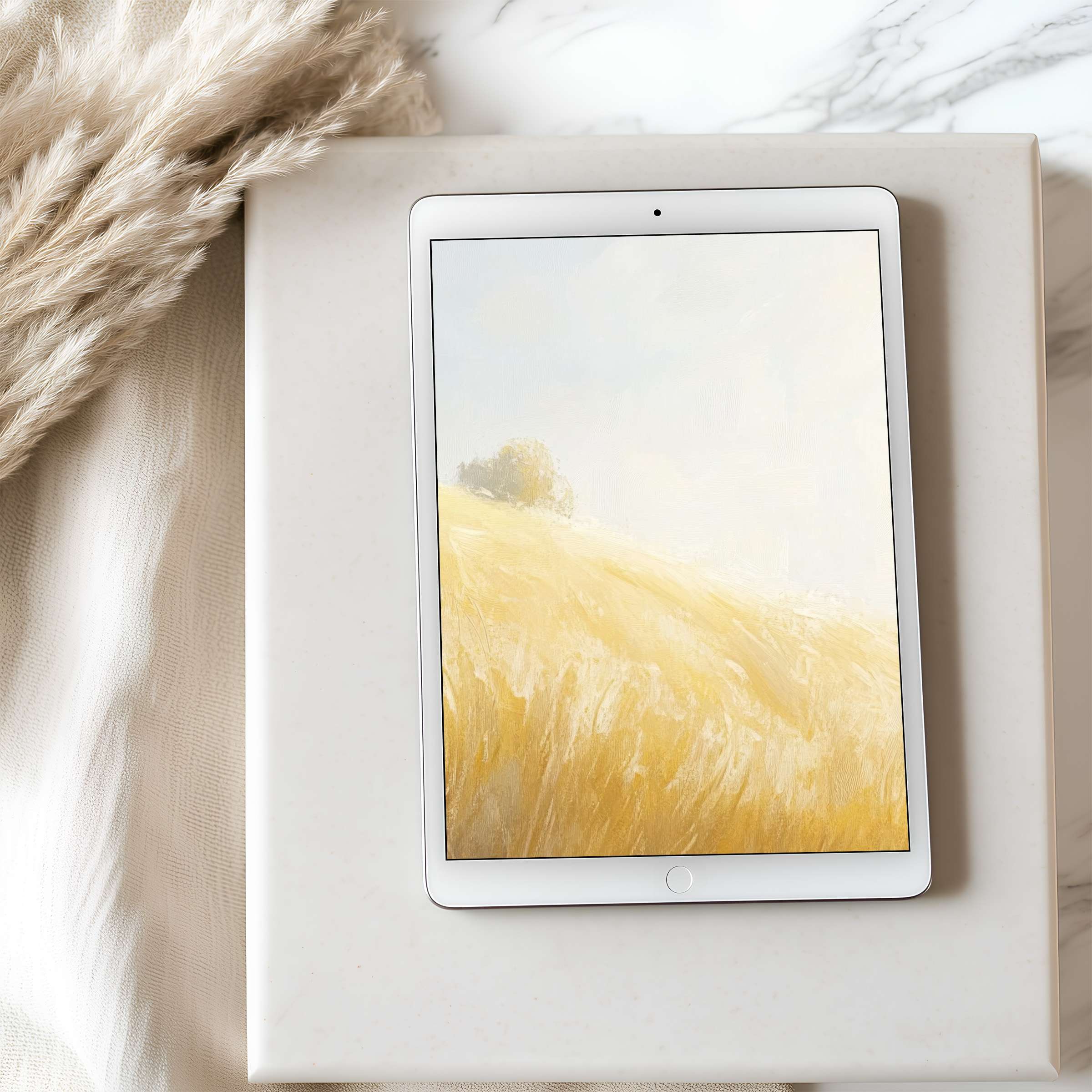Elegant tablet wallpaper featuring soft golden field artwork, perfect for iPad or Android tablets, offering a serene digital download experience