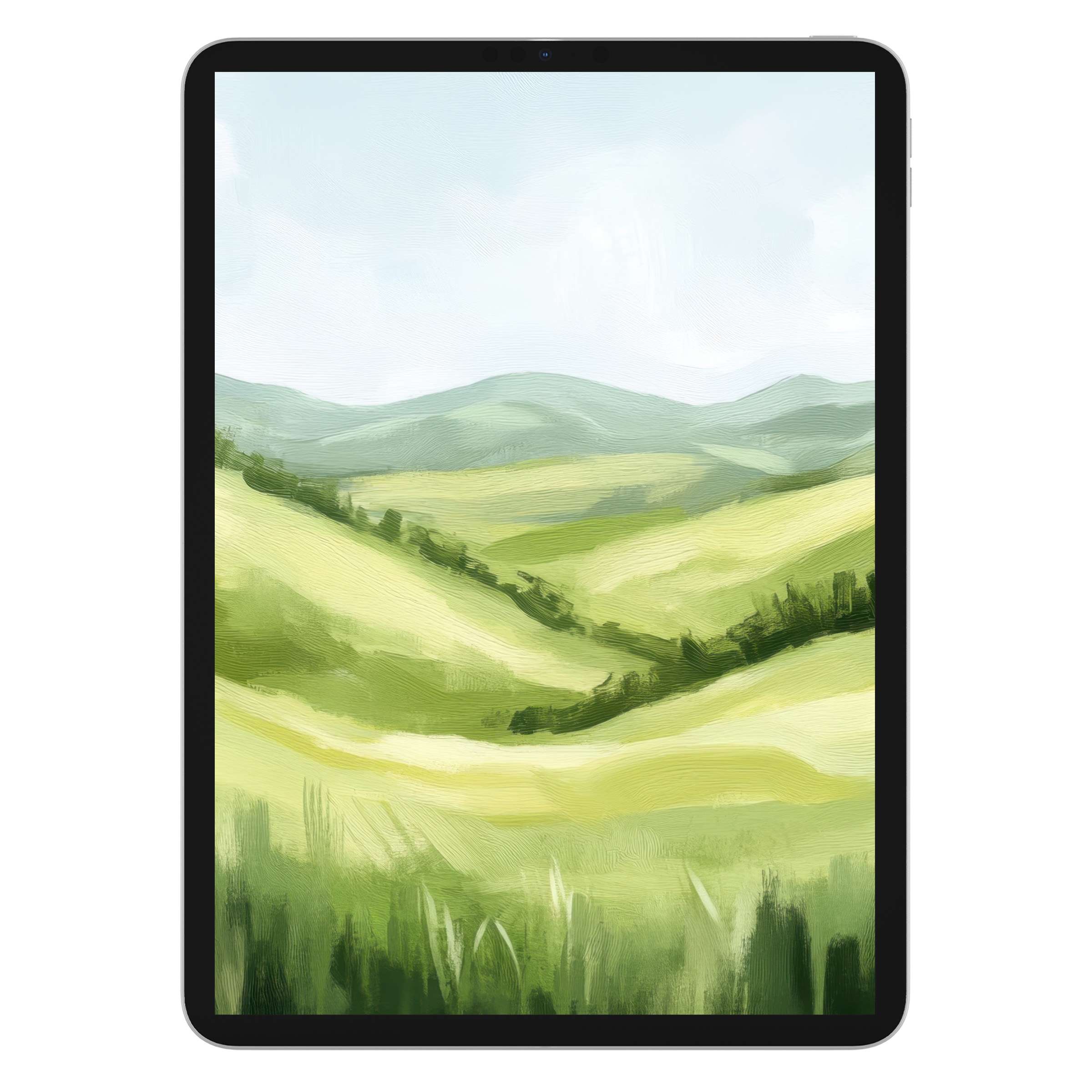 Serene summer iPad wallpaper featuring lush green hills and calming pastel skies as a digital download for tablet backgrounds