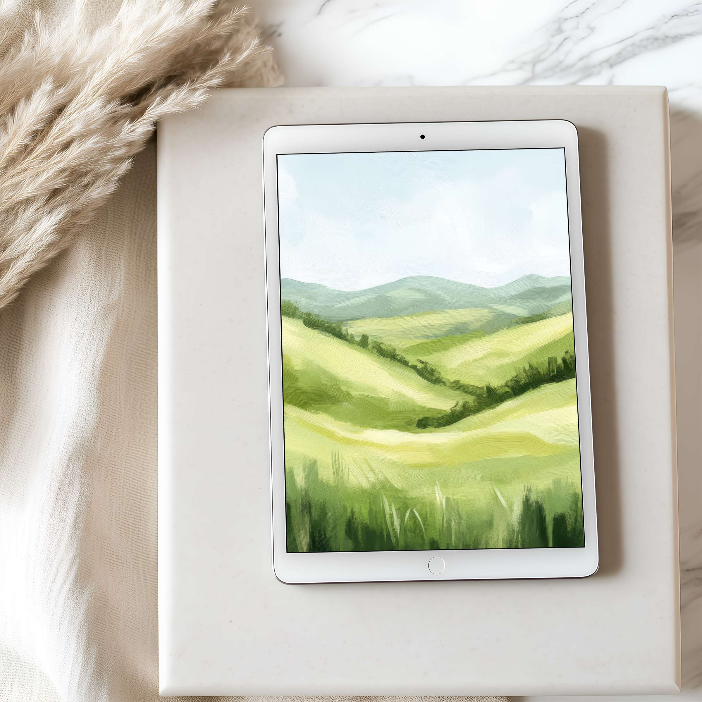 Calming tablet wallpaper featuring serene green hills in a high-resolution digital download for iPad and Android elegance