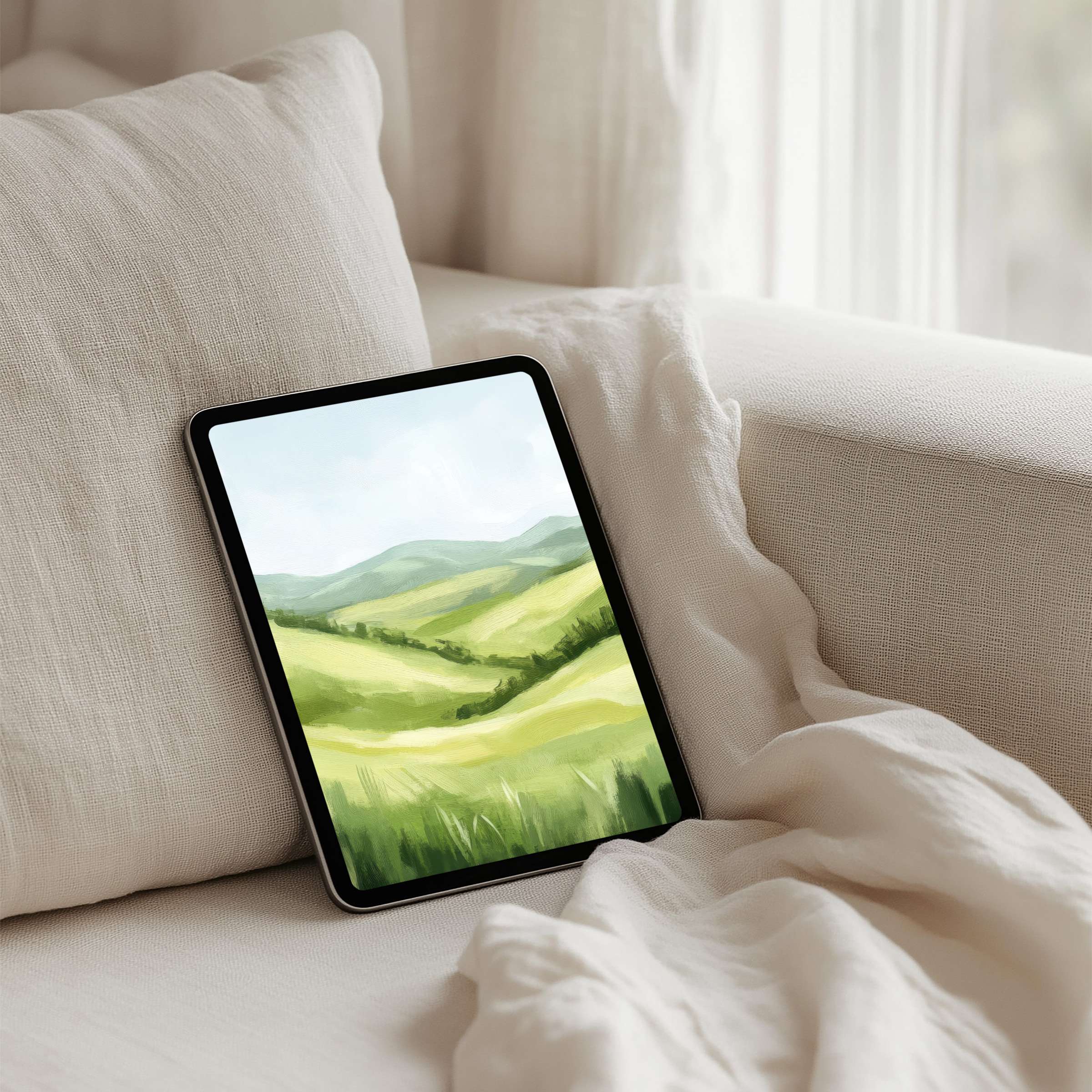 Elegant iPad background for instant download features serene green hills inspiring calm and mindfulness for any tablet