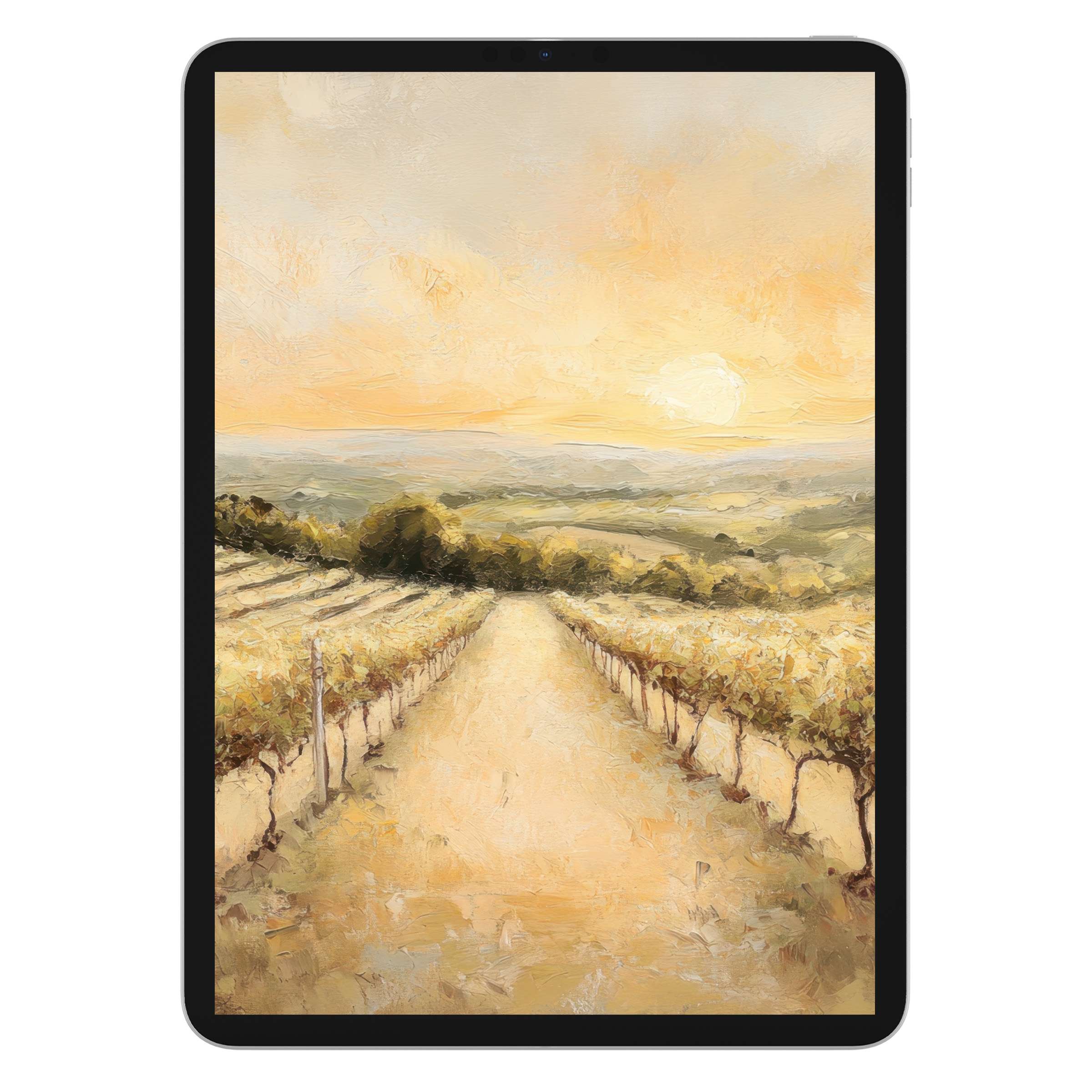 Elegant summer iPad wallpaper with serene vineyard landscape painting in warm sunset hues for digital download suitable for any tablet background