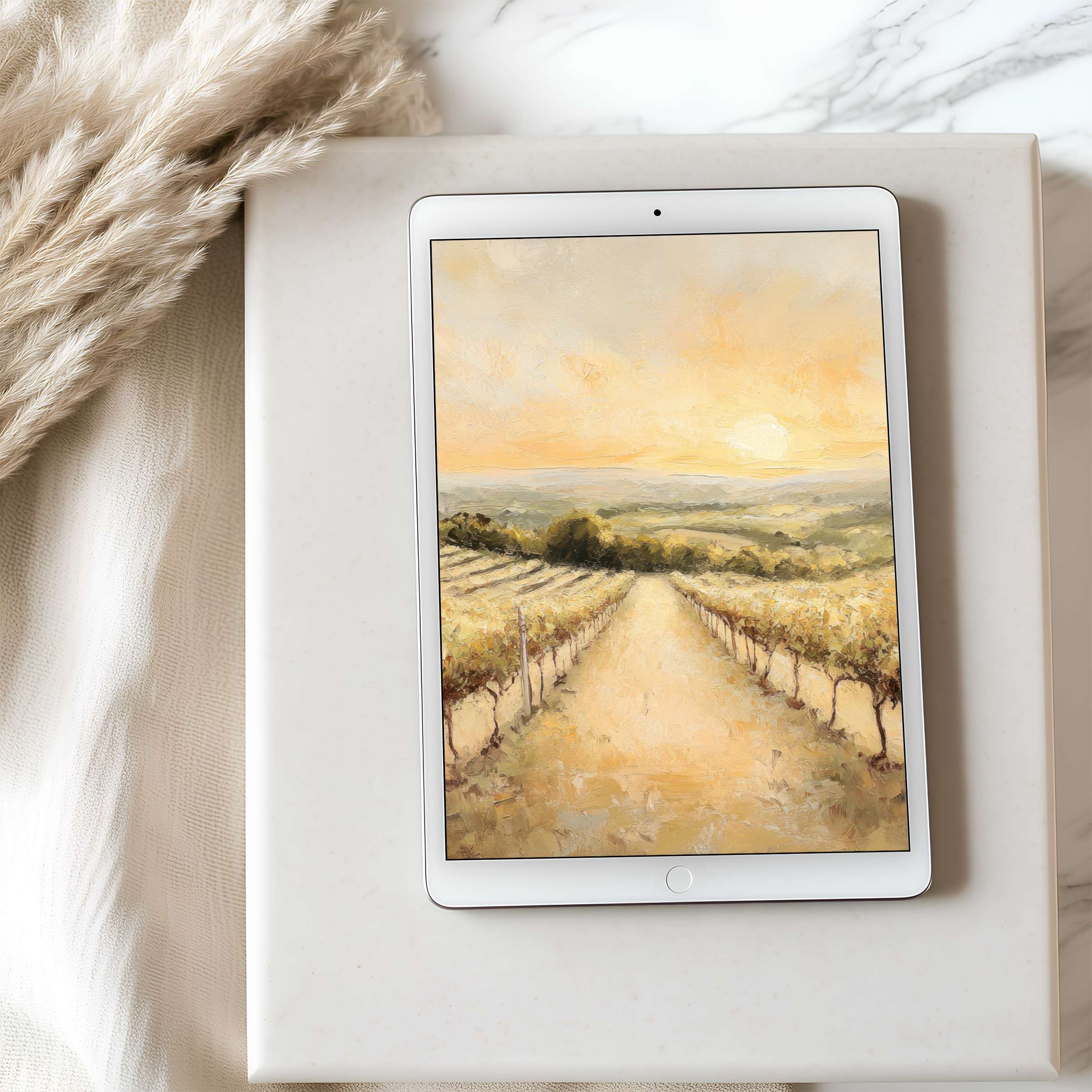 Warm sunset vineyard scene as tablet wallpaper on iPad evokes serenity and style, perfect for high resolution digital download