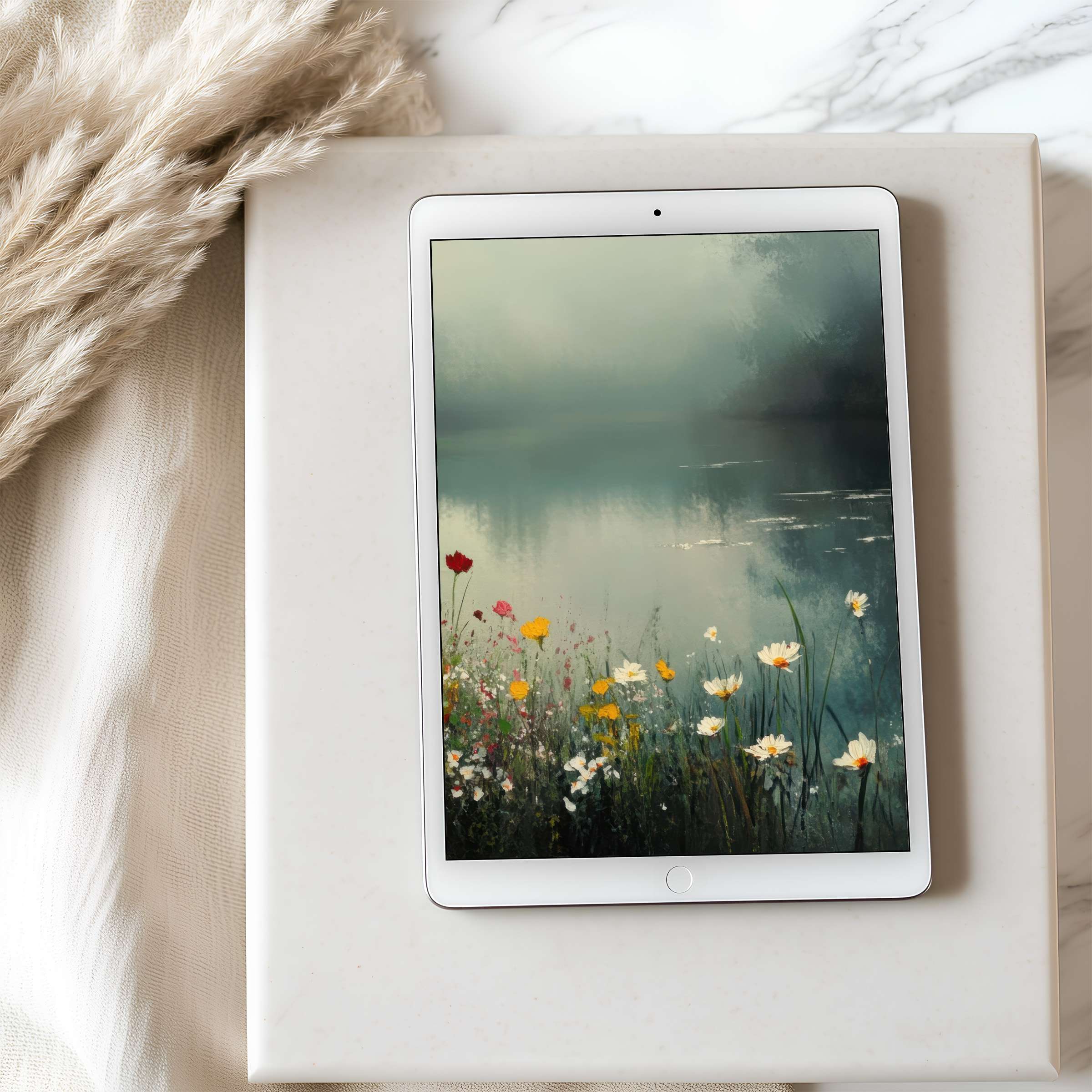 Elegant tablet wallpaper featuring serene lake and wildflowers evokes tranquility, perfect high-resolution digital download for iPad users