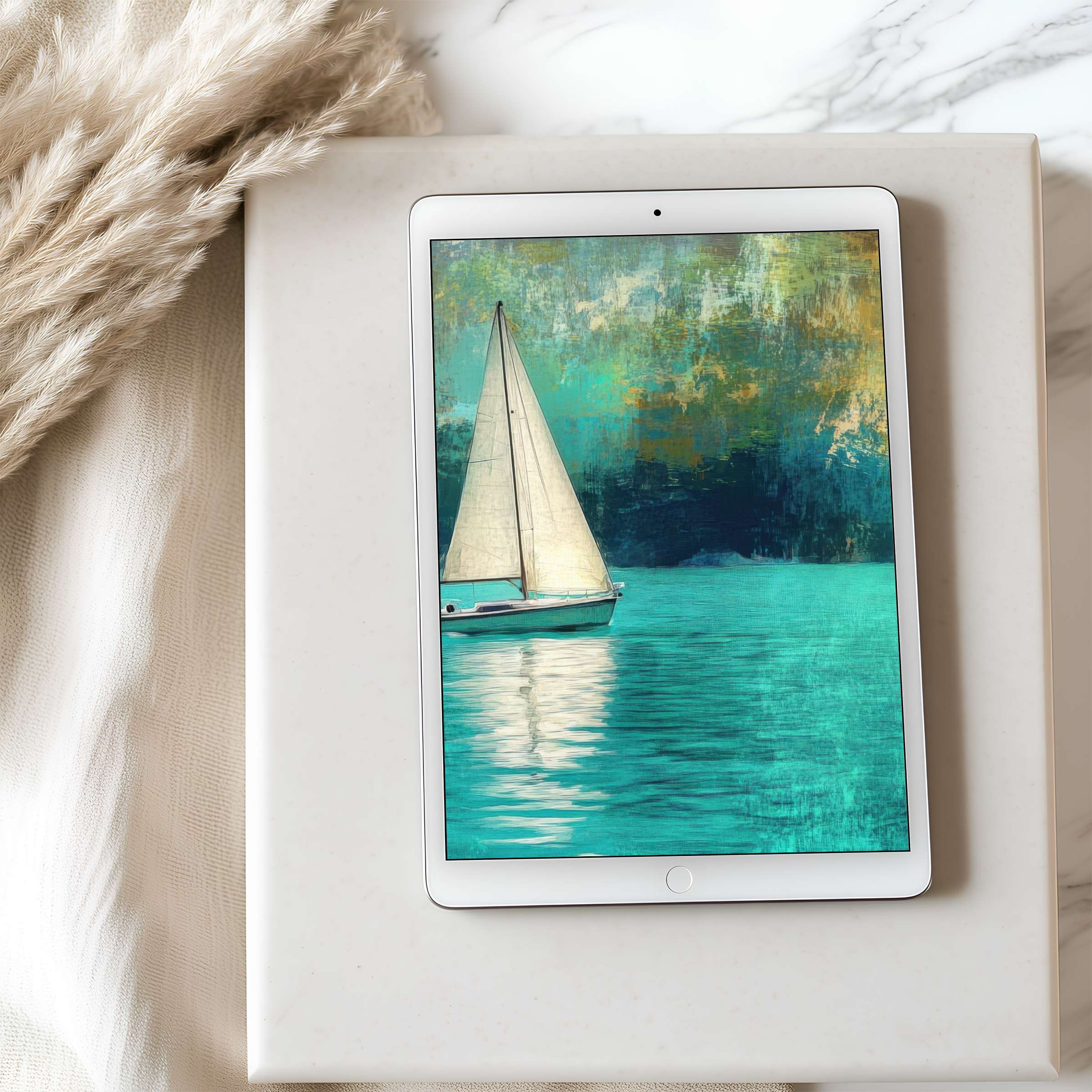 Elegant tablet wallpaper featuring a serene sailboat on turquoise waters with artistic textures ideal for iPad download and Android calm