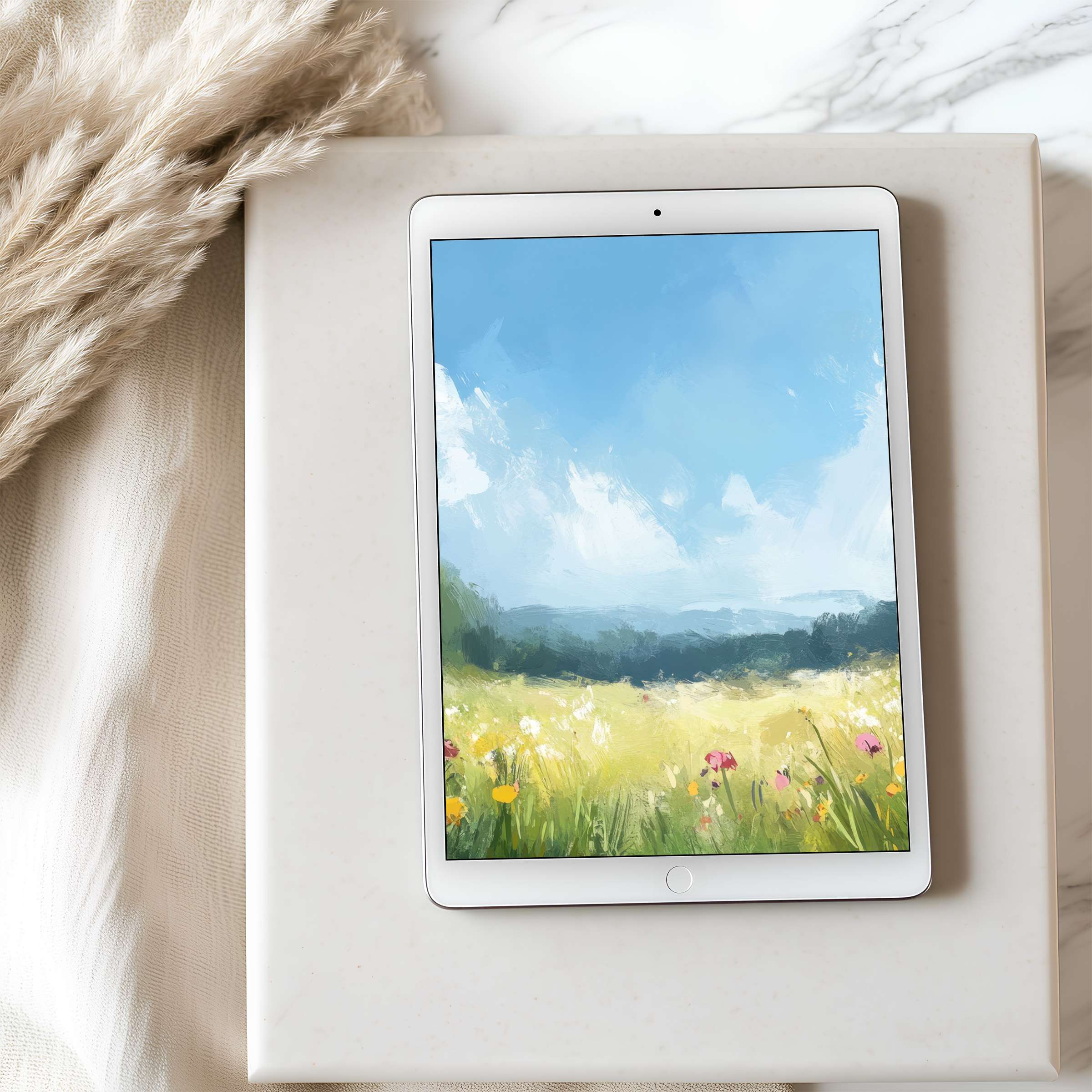 Elegant tablet wallpaper featuring a serene landscape with vibrant wildflowers and blue skies, perfect for high-resolution digital download