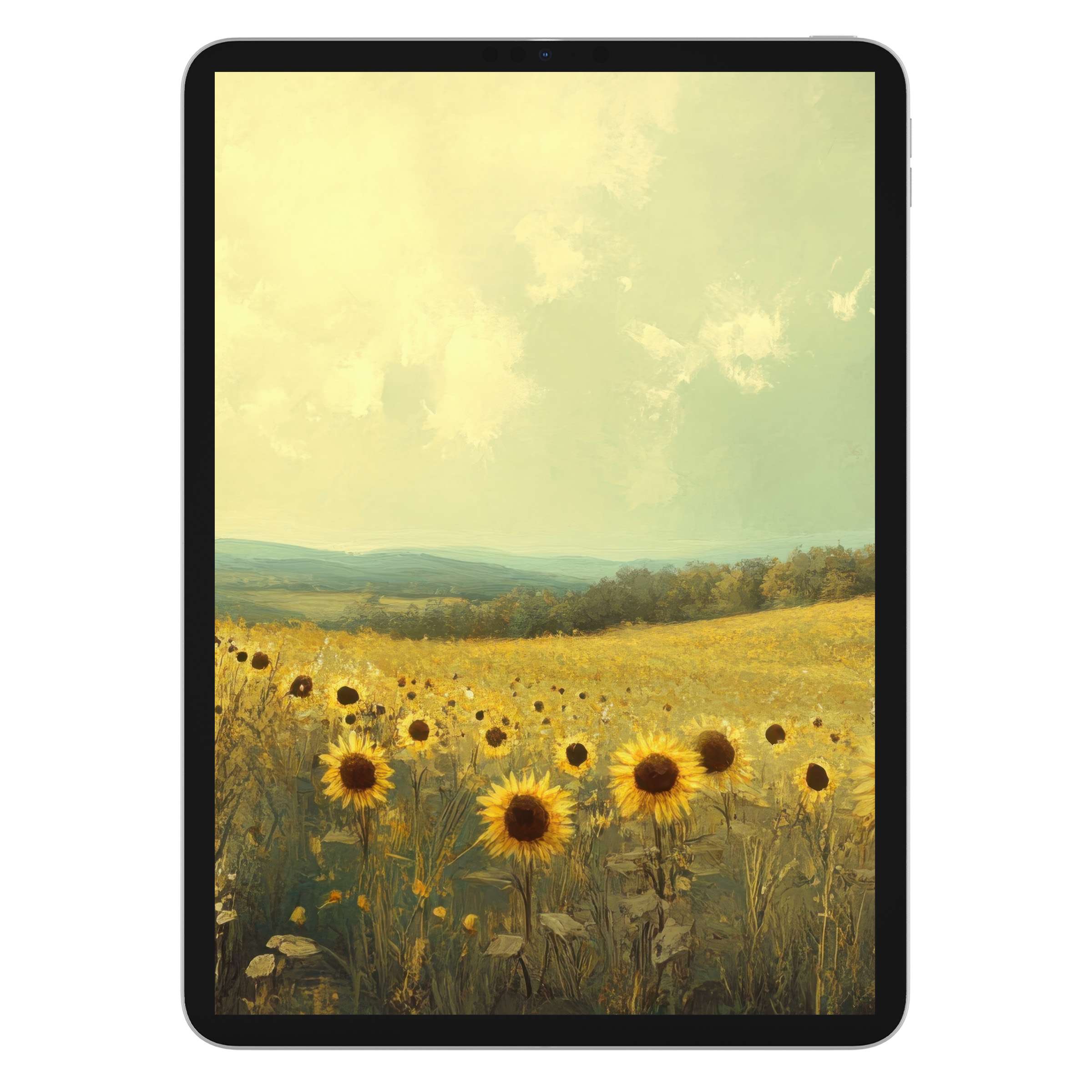 Summer iPad wallpaper digital download: an elegant sunflower field in warm hues creating a calming, artistic tablet background