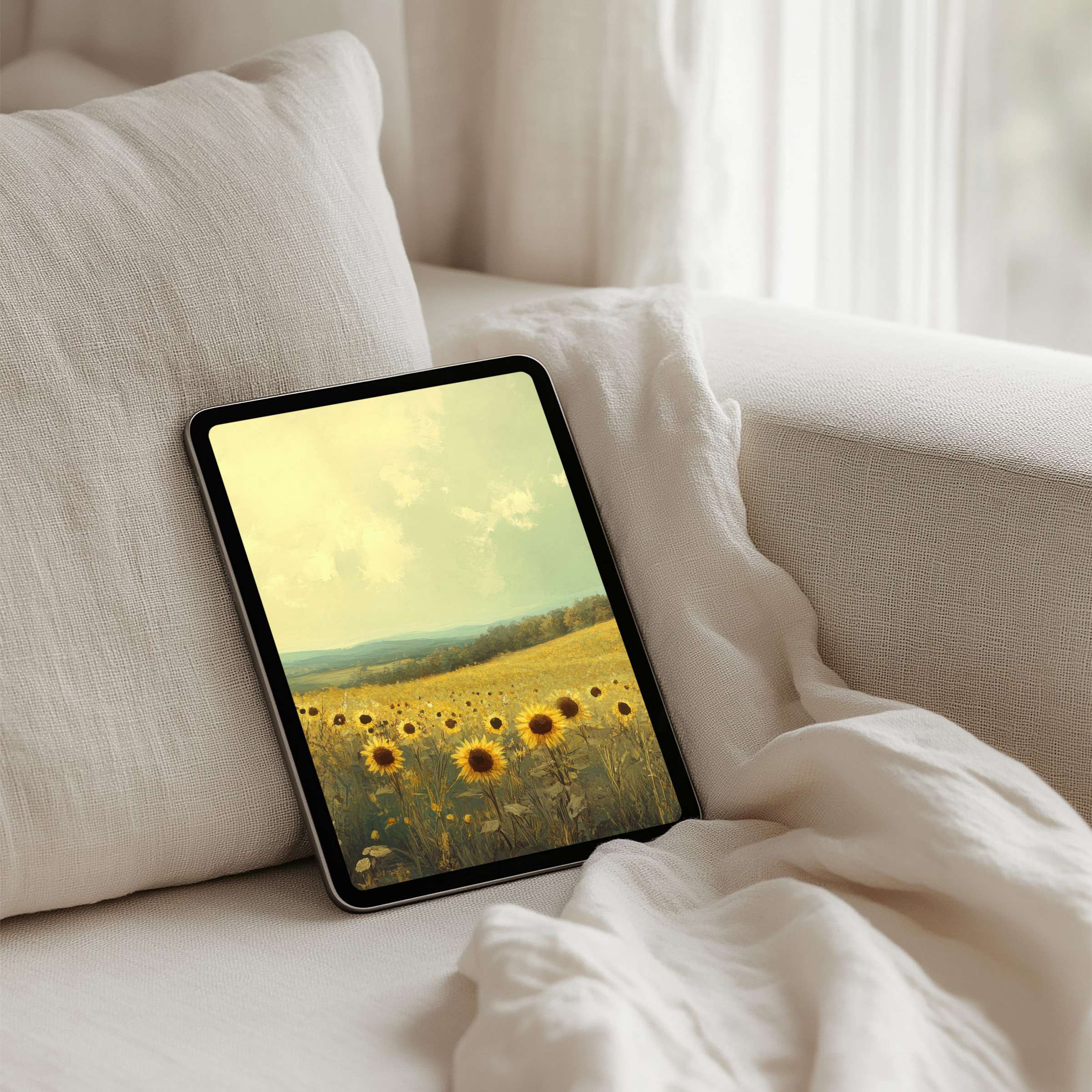 Sunflower field iPad background offering instant download for tablets inspires elegance and calm in a serene interior setting