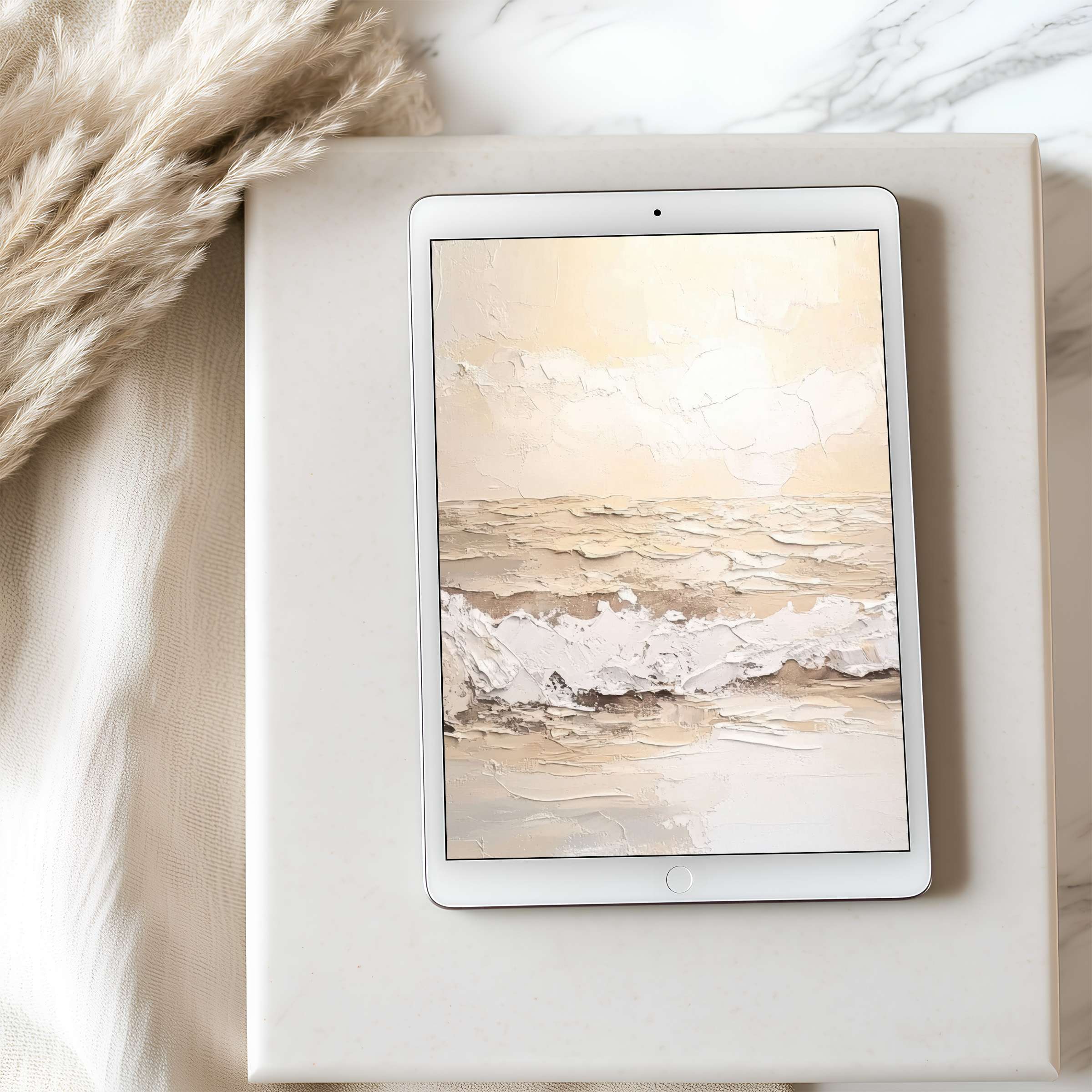 Elegant tablet wallpaper showcasing a high-resolution pastel seascape painting evokes serenity, perfect for iPad and Android tablets, digital download