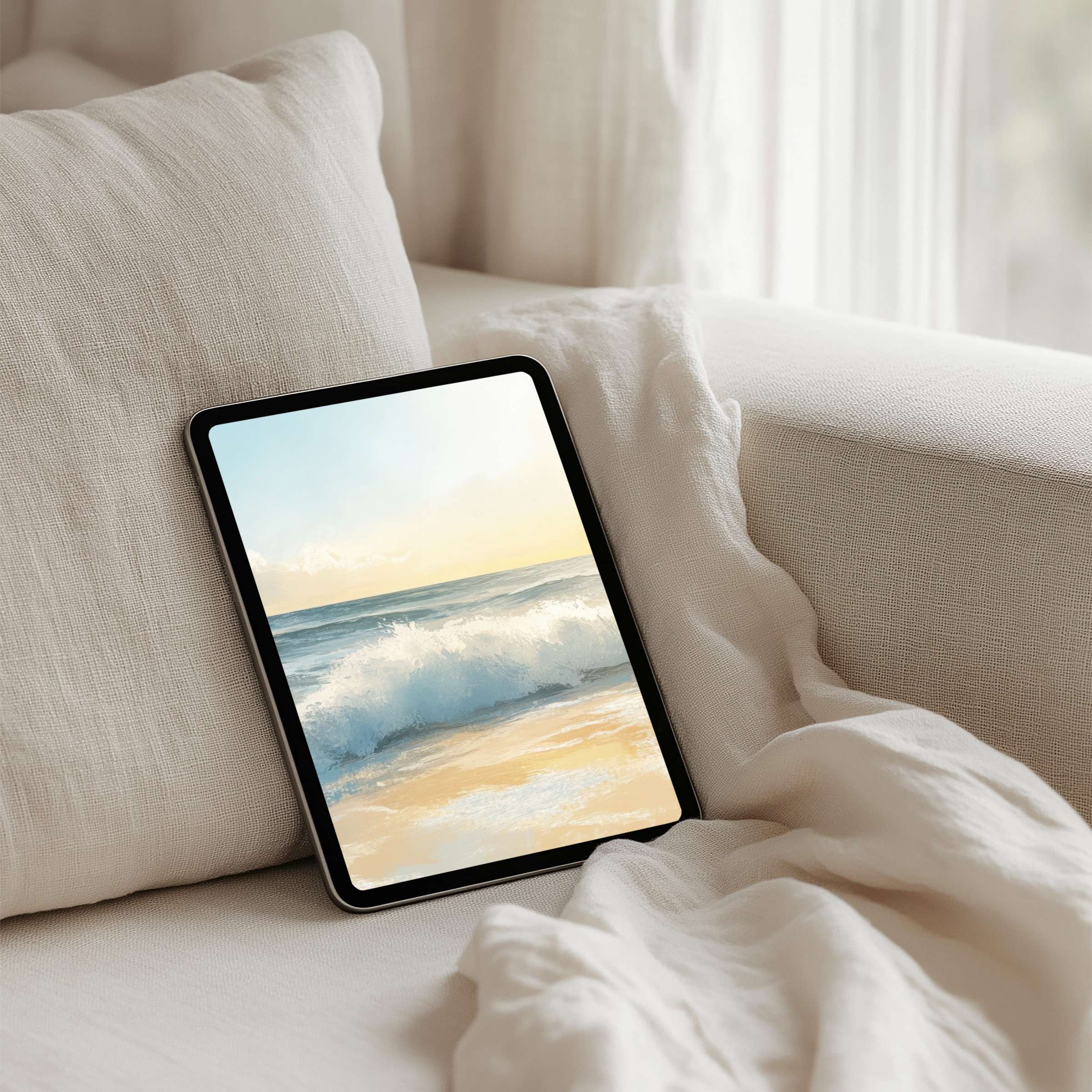Soothing ocean waves in a serene iPad background offer instant download for mindful elegance on any tablet device