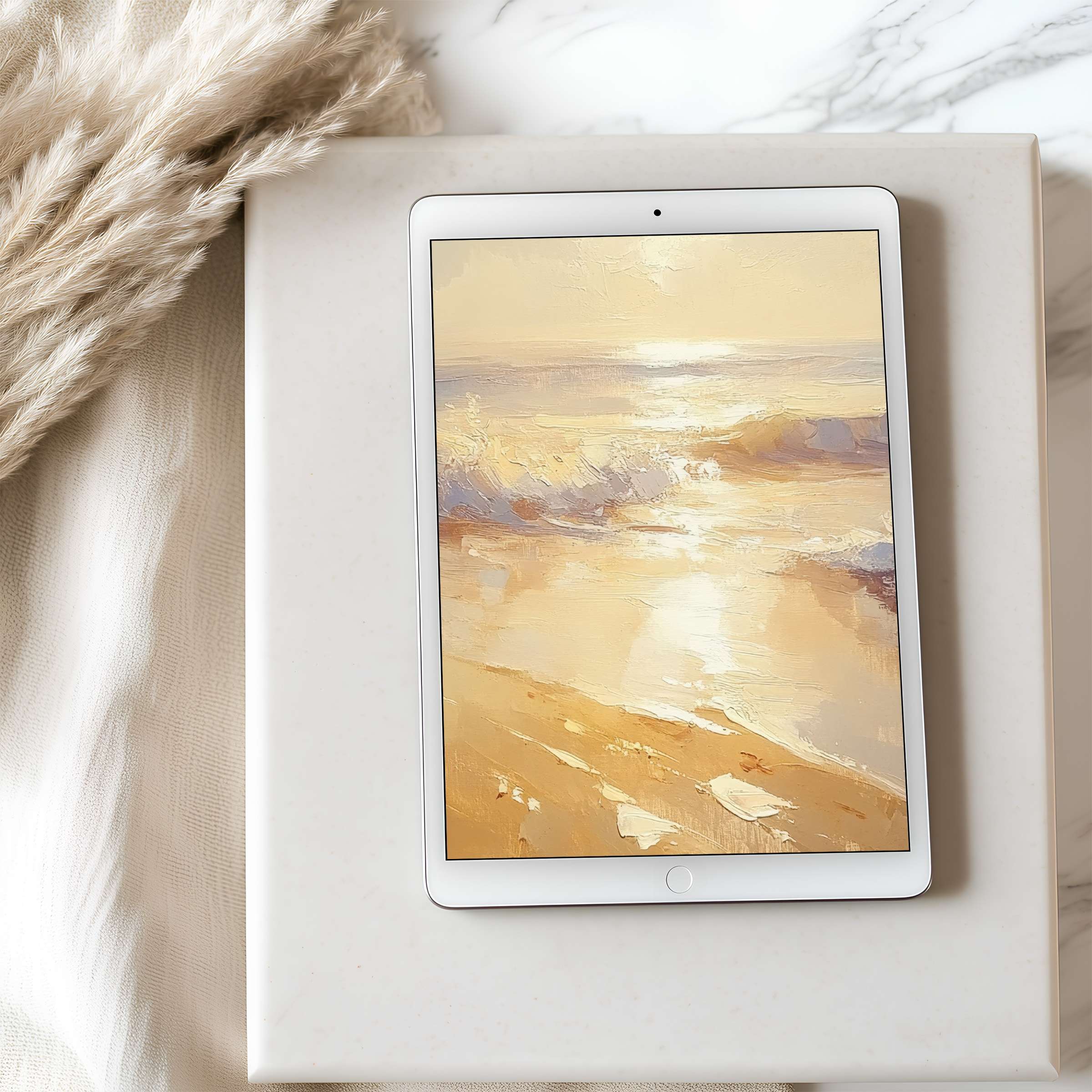 Elegant tablet wallpaper featuring serene seascape art in soothing gold hues, perfectly sized for iPad high resolution digital download