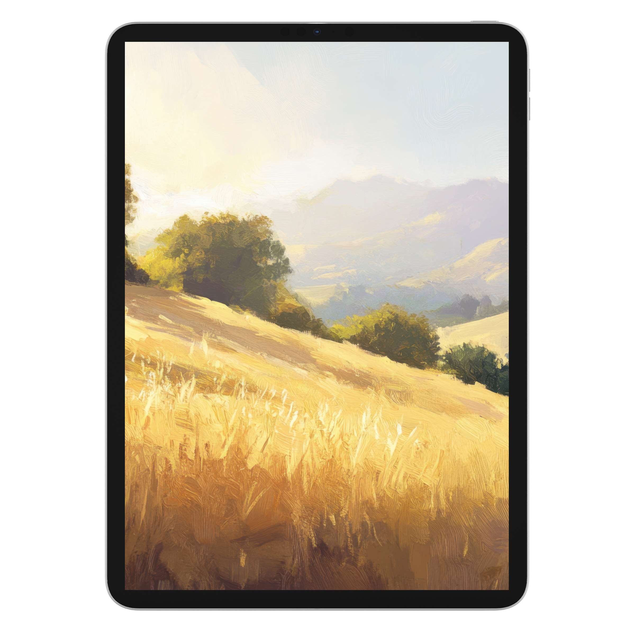 Serene summer iPad wallpaper featuring golden fields and soft hills, perfect digital download background for tablet tranquility