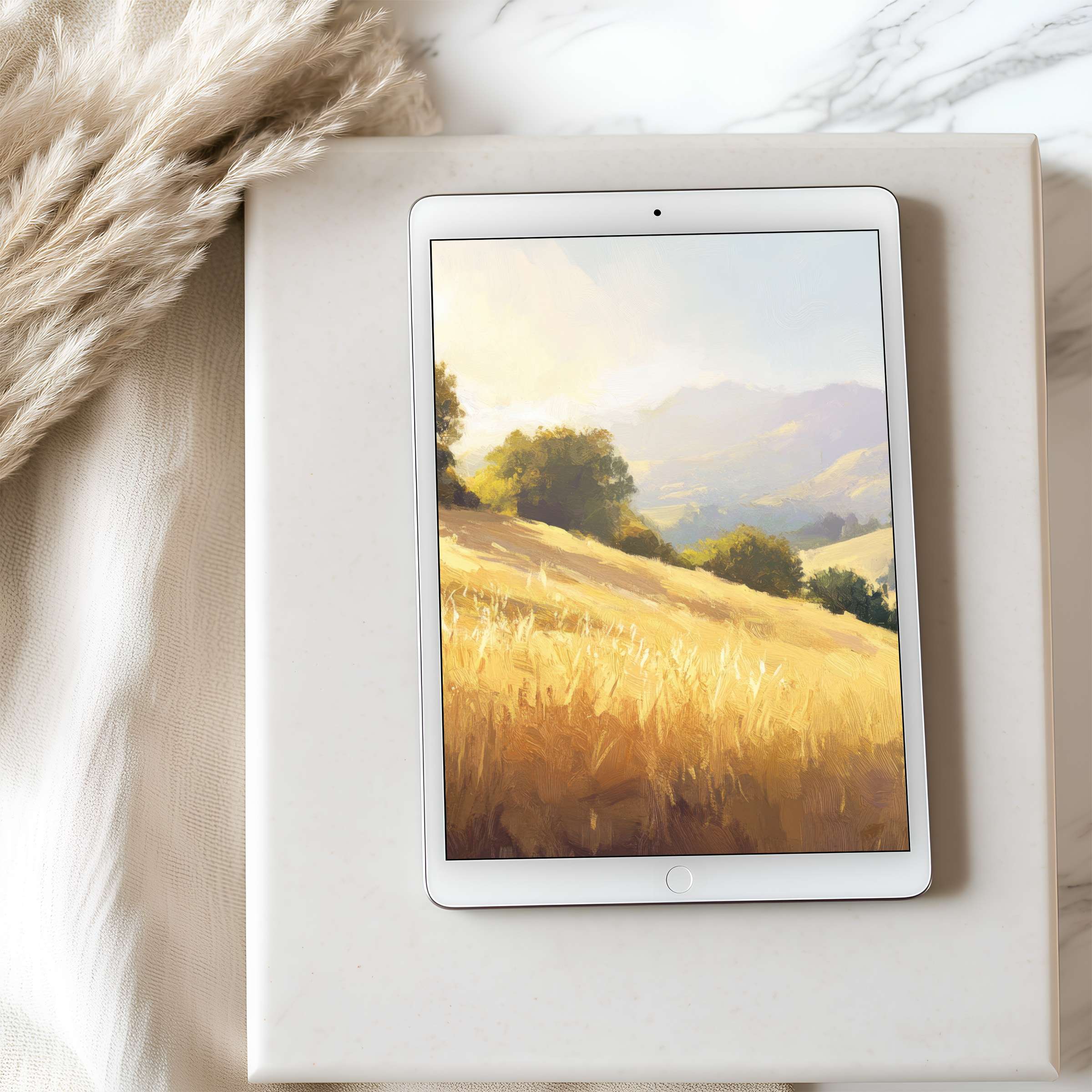 Golden fields on tablet wallpaper evoke serenity and elegance, perfect for high-resolution iPad and Android devices, digital download available