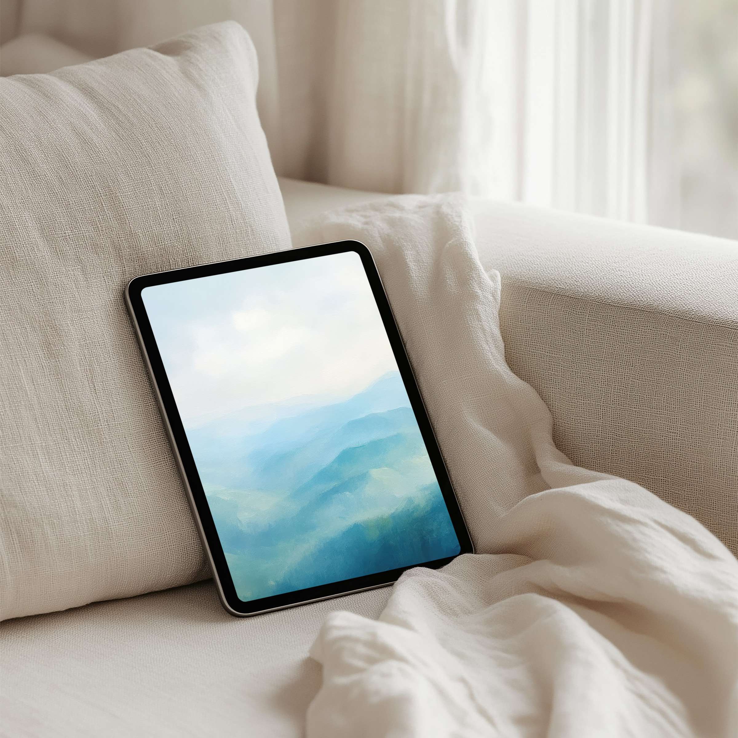 Elegant watercolor mountain iPad background for tablet offers instant download creating a serene oasis of inspiration and mindfulness