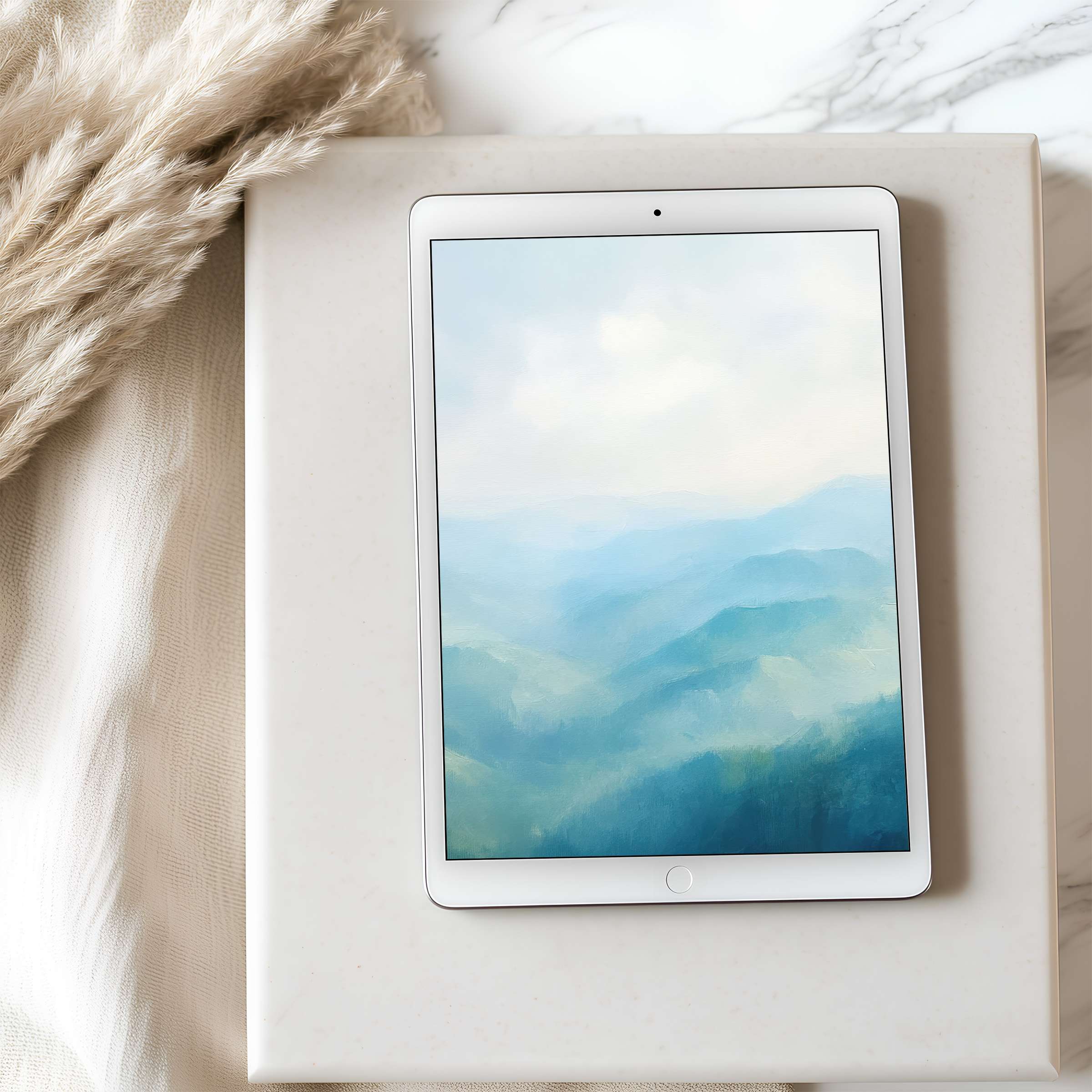 Tablet wallpaper showcasing serene blue mountains in soft brushstrokes, perfect high resolution download for iPad and tablets
