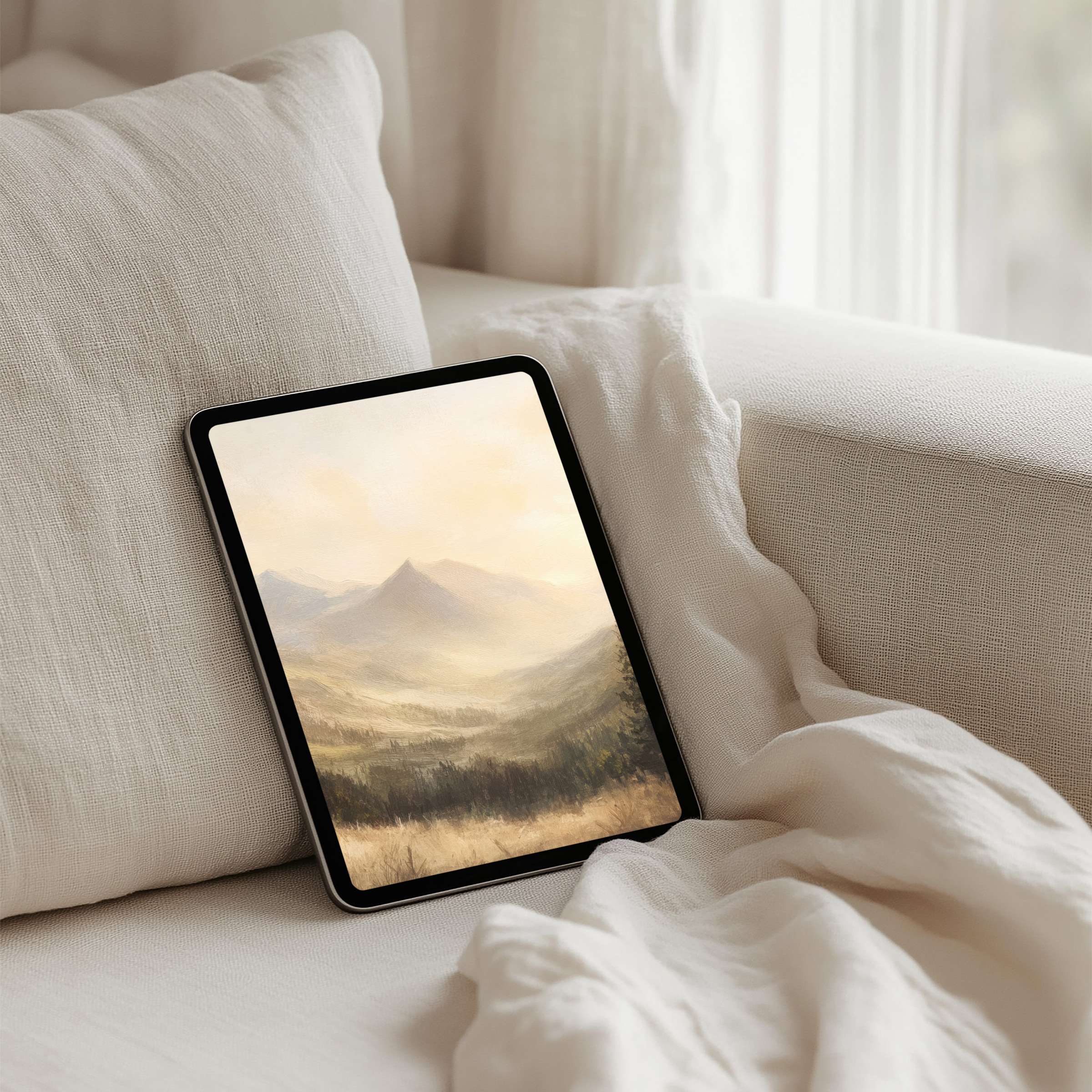 Tranquil mountain landscape iPad background for instant download offers calm and elegance for any tablet, enhancing mindfulness