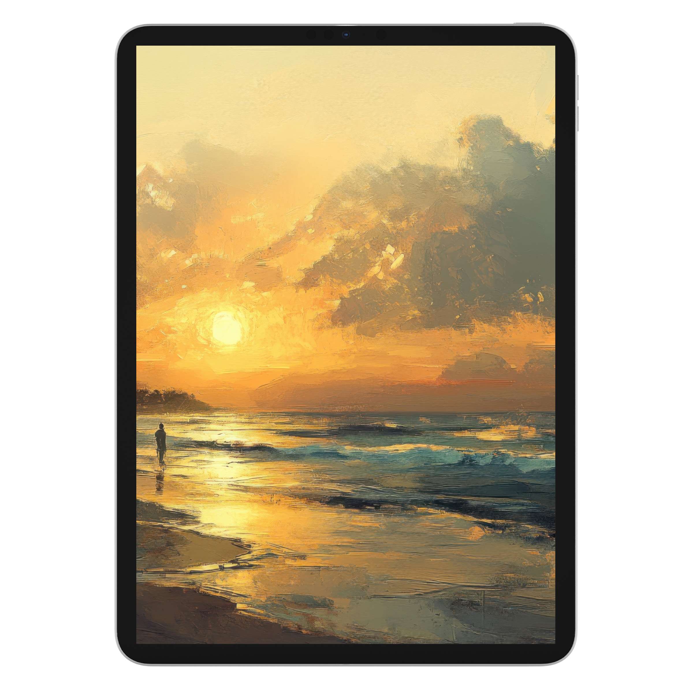 Serene summer iPad wallpaper digital download featuring a sunset beach scene art, perfect for elegant tablet backgrounds and calm aesthetics