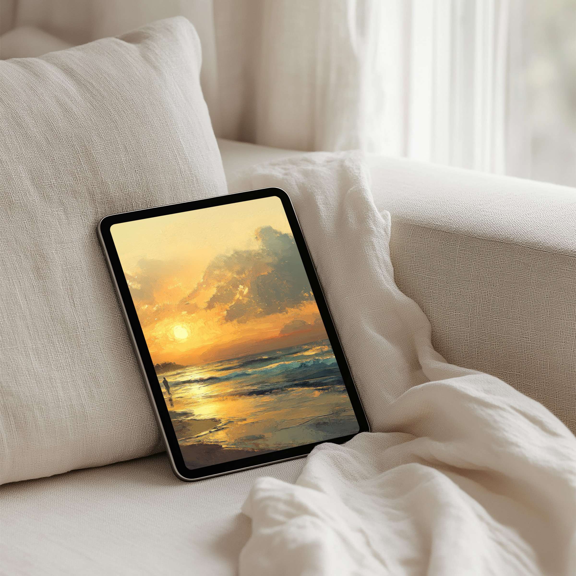 Elegant iPad background featuring a serene, golden sunset over a calm ocean for instant download on tablets, enhancing mindfulness