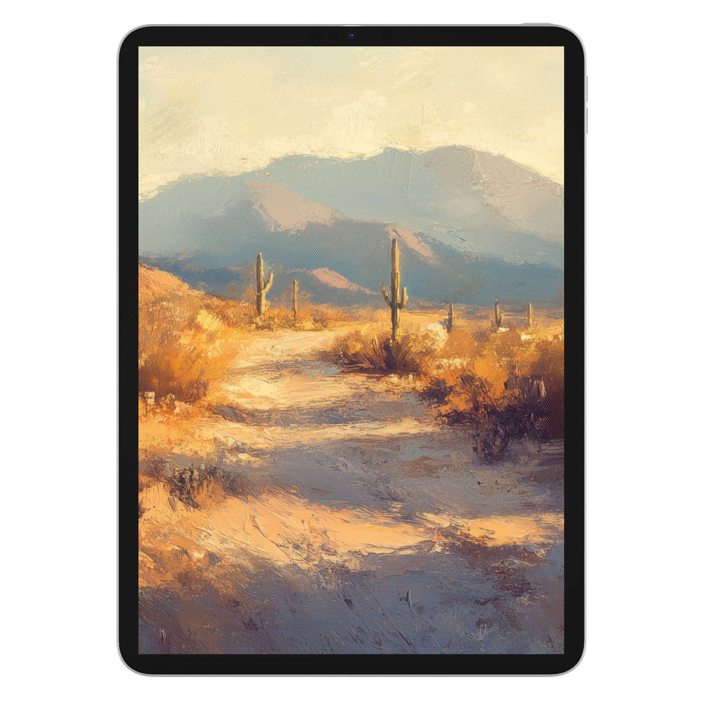 Serene desert landscape summer iPad wallpaper featuring soft brushstrokes for a calming digital download background on all tablets