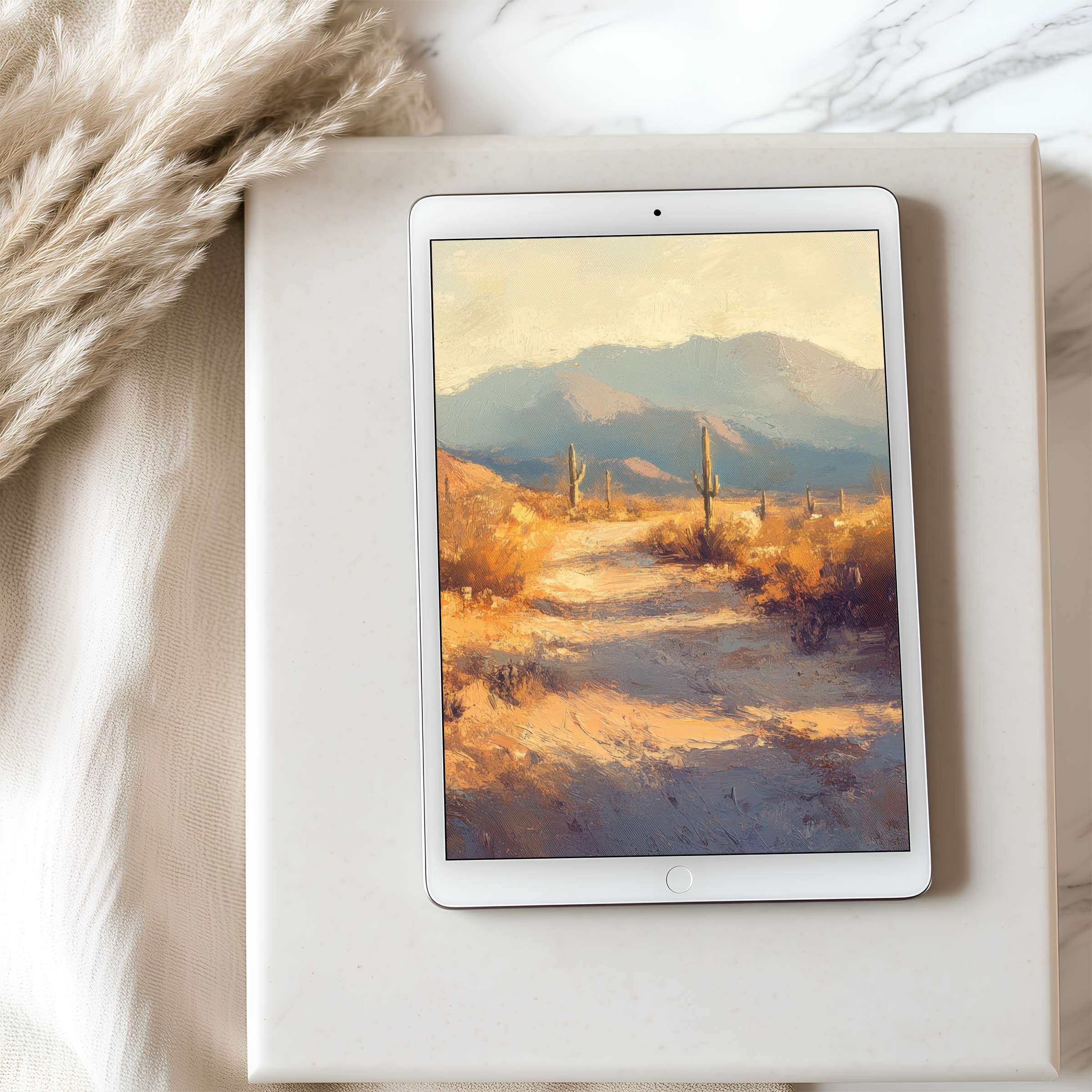 Elegant desert scene with soft brushstrokes creates a soothing tablet wallpaper suitable for iPad high resolution digital downloads