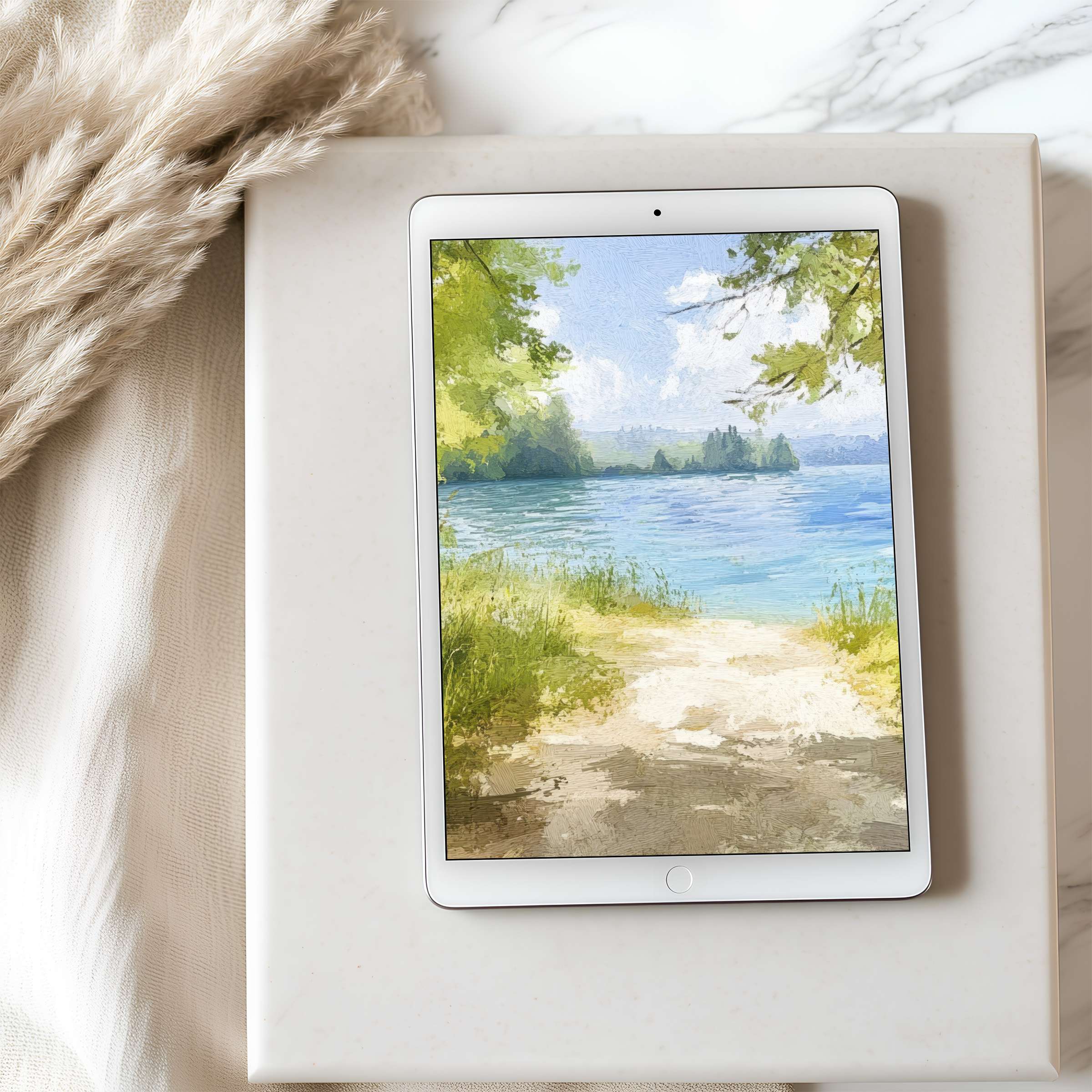 Serene landscape digital art on tablet wallpaper elevates your iPad with calming waters and lush greenery suitable for digital download