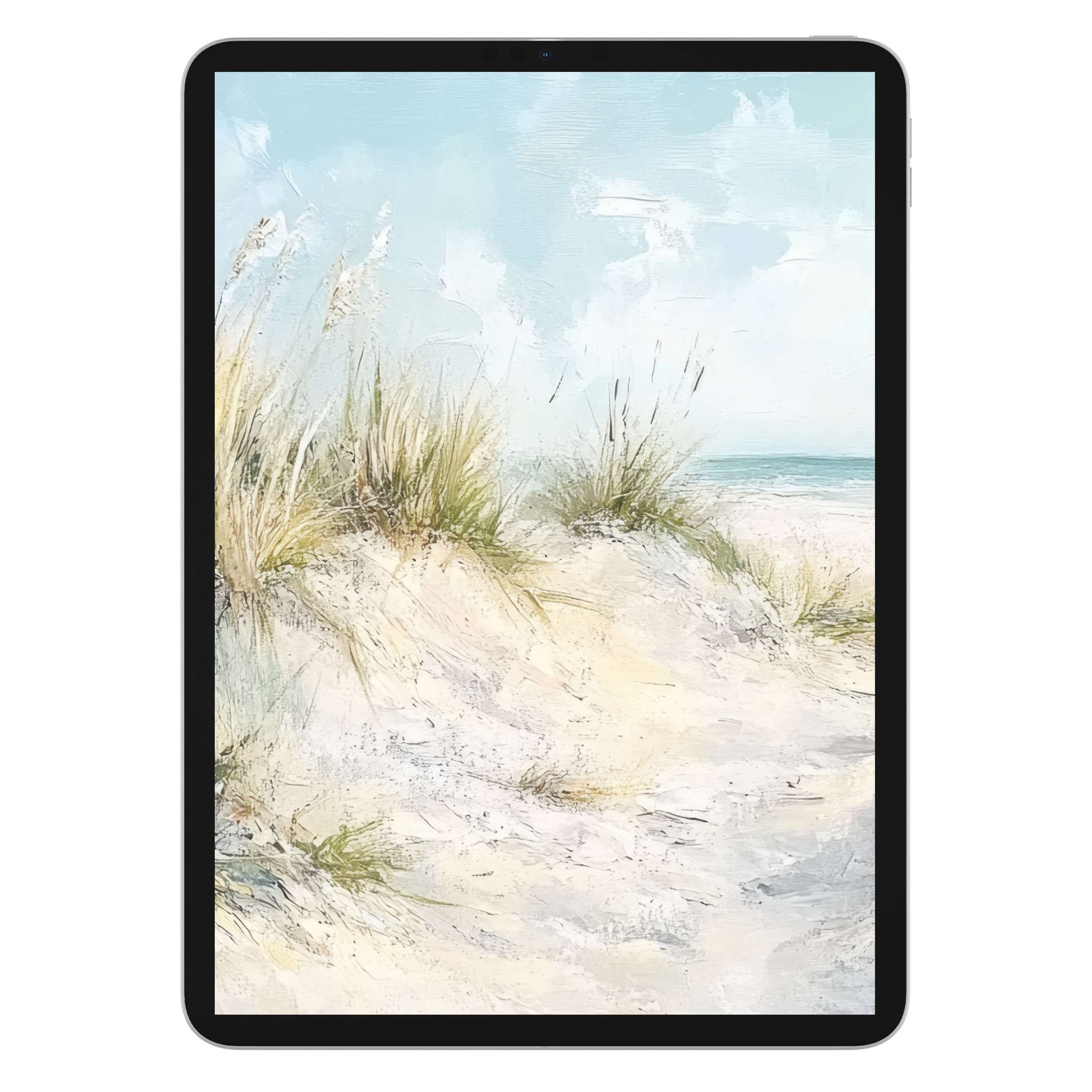 Serene summer iPad wallpaper with coastal dunes; perfect digital download background for tablets, offering tranquility and style