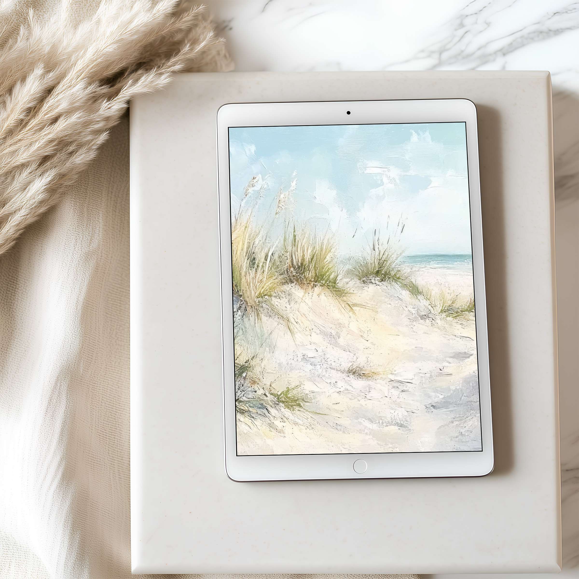 Serene coastal scene tablet wallpaper, perfect for iPad and Android, in high resolution digital download for calming interiors