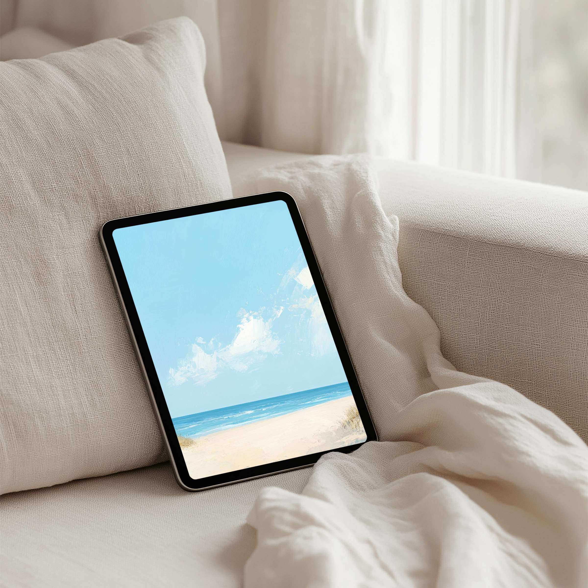 Serene beach landscape on iPad background for instant download infuses calm elegance to any tablet setting enhancing mindfulness