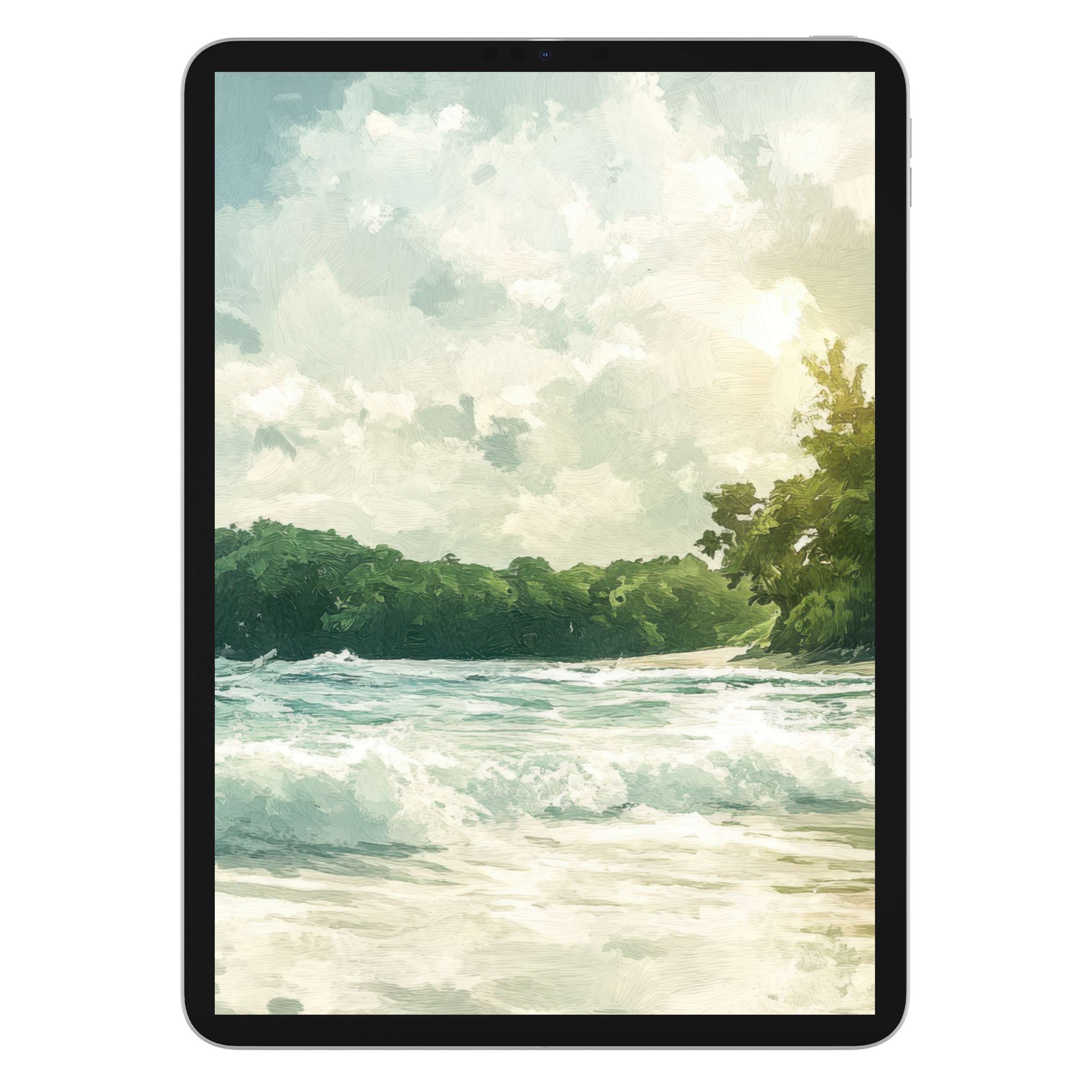Elegant summer iPad wallpaper featuring a serene beach, lush greenery, and soft skies, perfect digital download for any tablet background