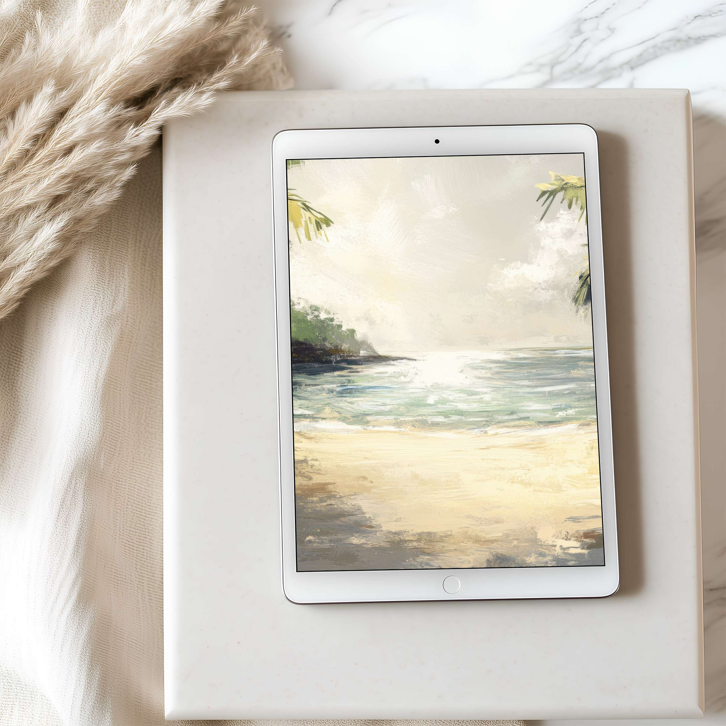 Elegant beach painting on tablet wallpaper evokes serene coastal vibes, perfect for high-resolution iPad or Android, digital download