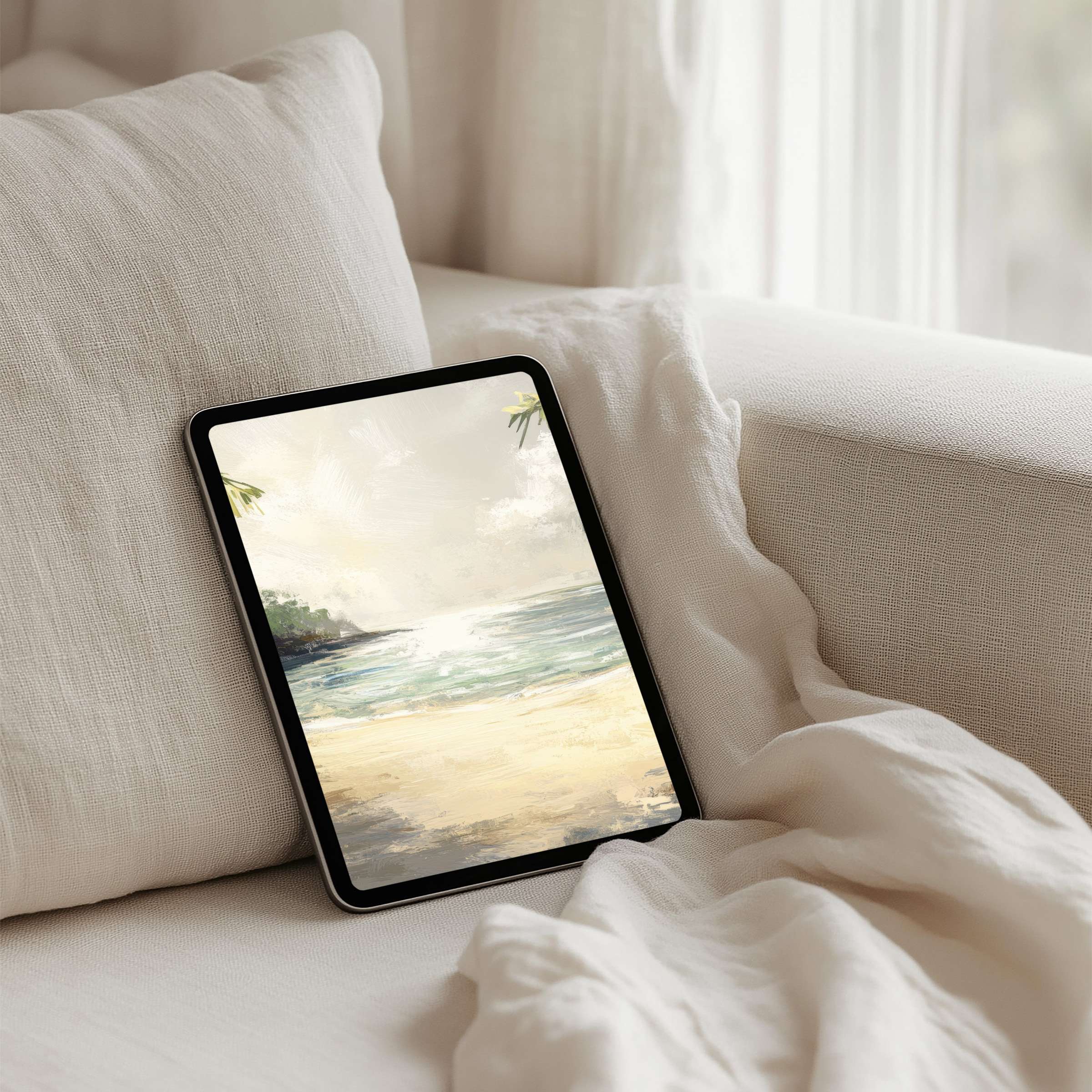 Serene beach scene iPad background brings calm and elegance to tablets with instant download, perfect for mindful moments