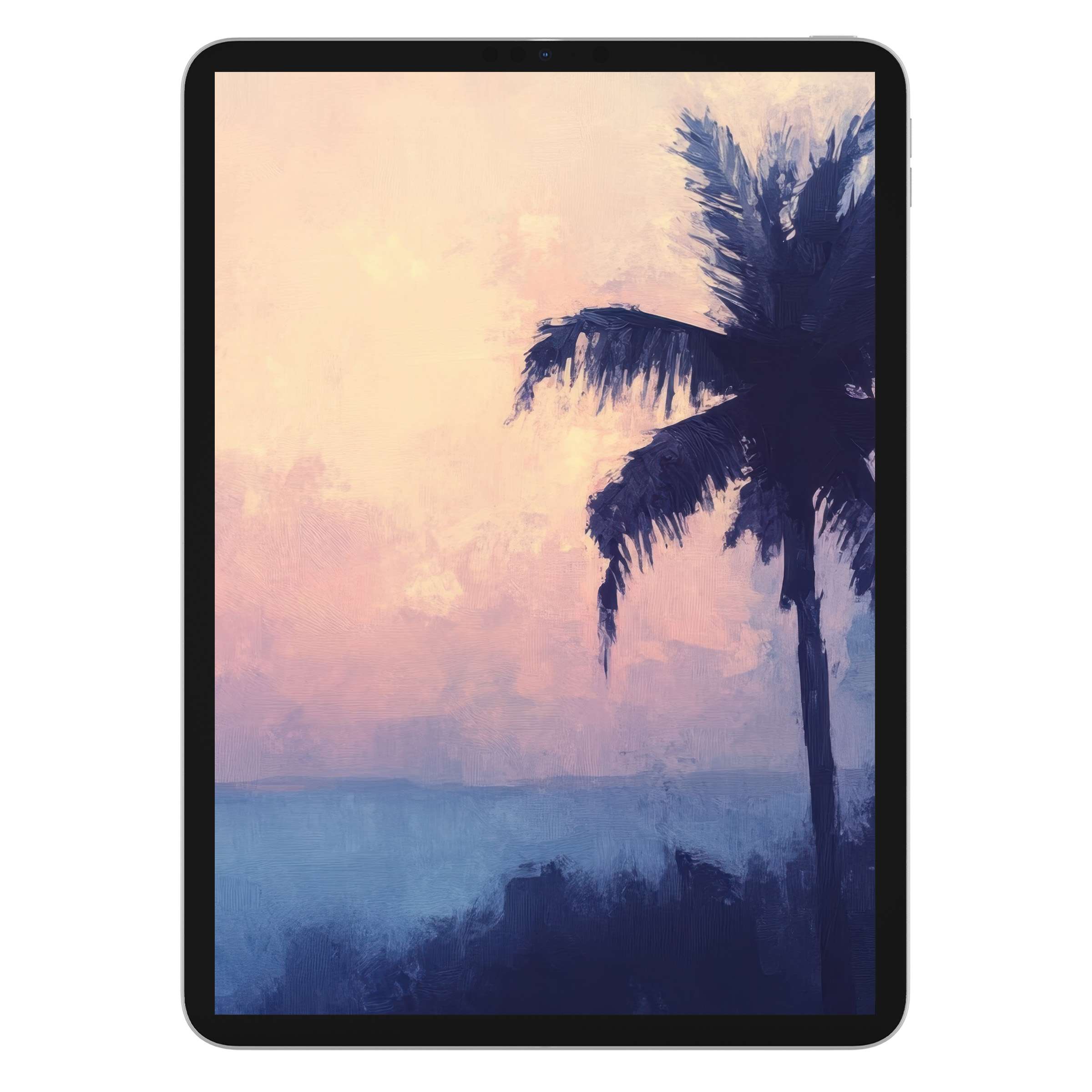Dreamy palm silhouette on a pastel sunset capturing a tranquil summer iPad wallpaper for a calming digital download tablet background
