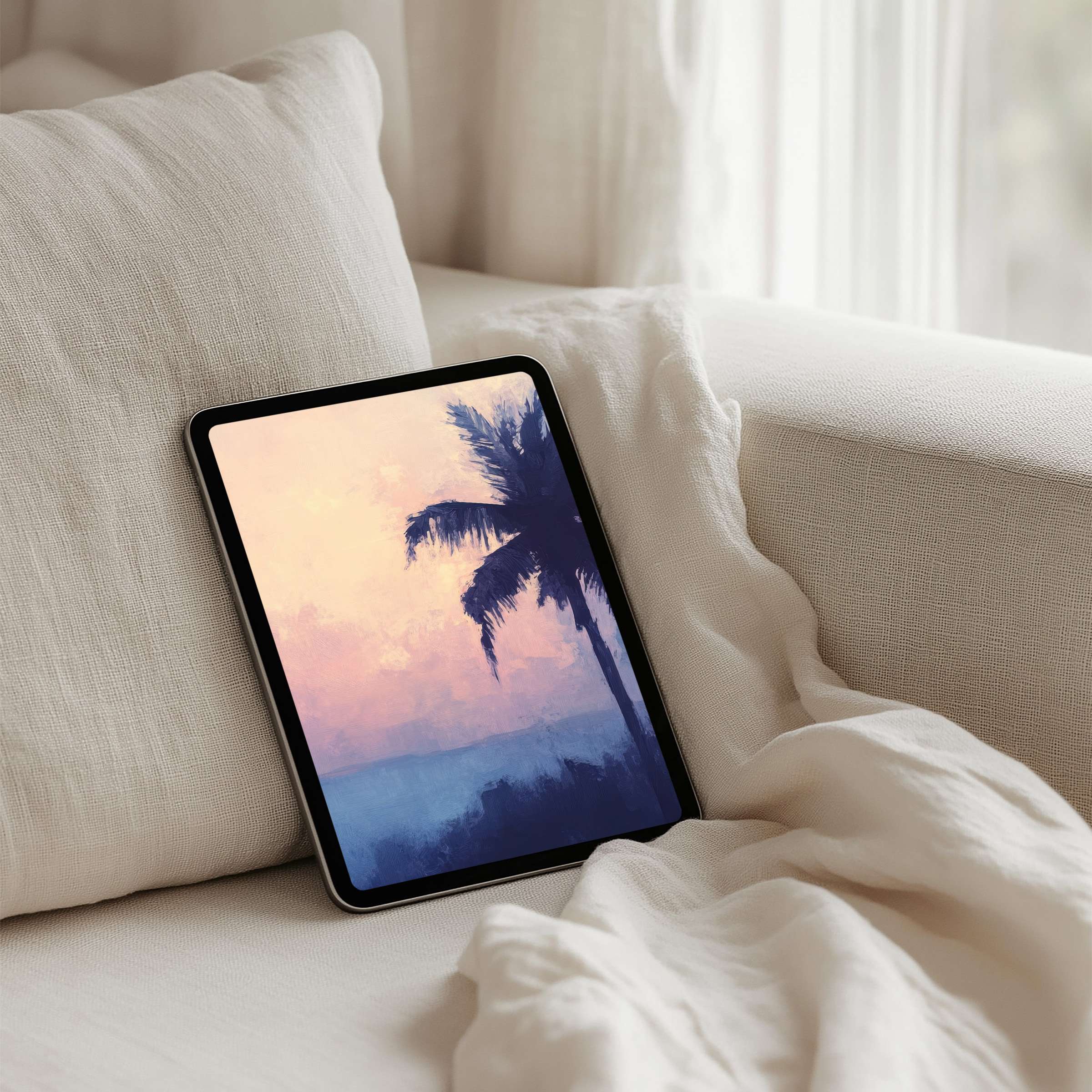 Elegant iPad background with serene palm silhouette in pastel hues perfect for tablet users seeking instant download and inspiration