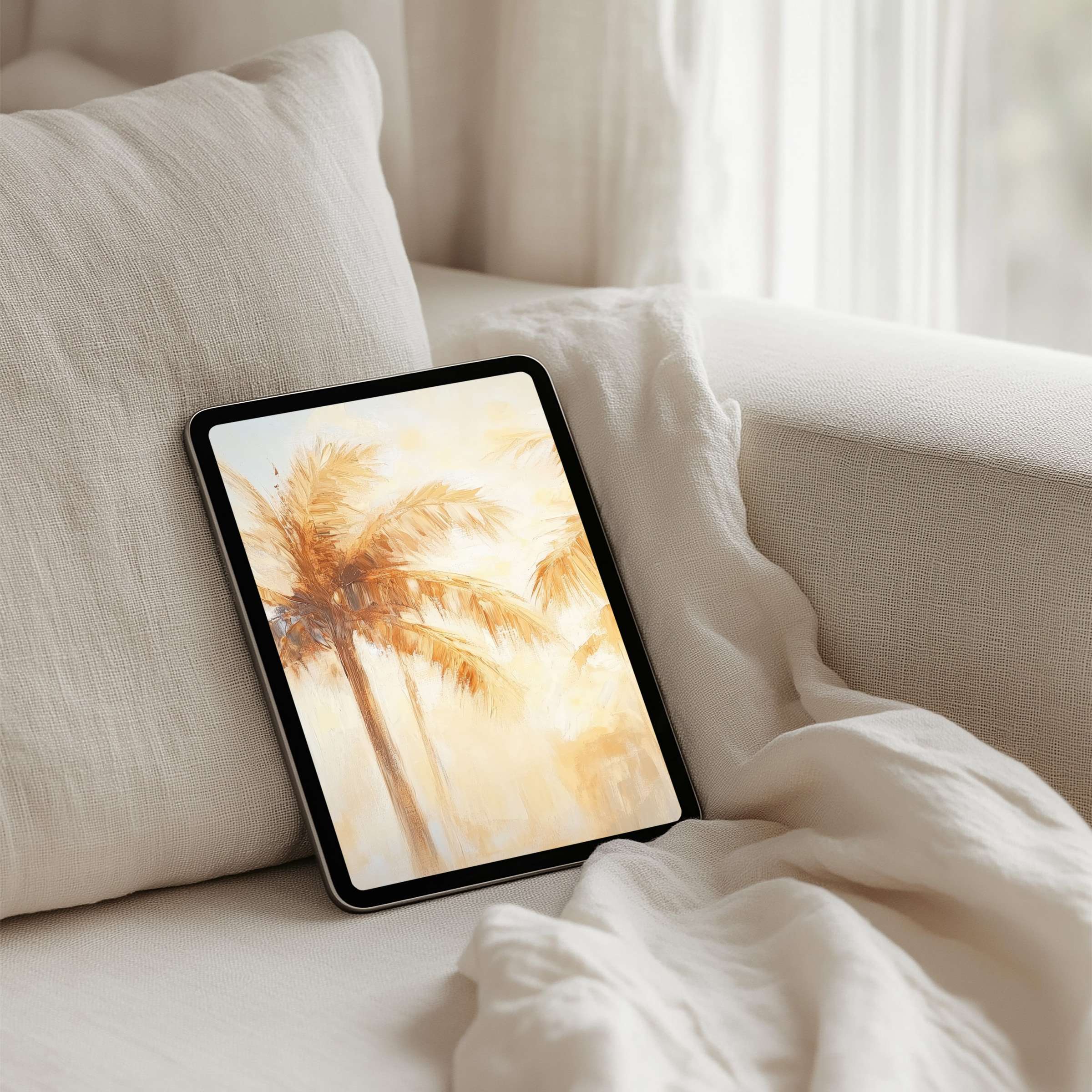 Elegant iPad background featuring serene palm trees in warm earth tones for instant download on any tablet inspiring mindfulness
