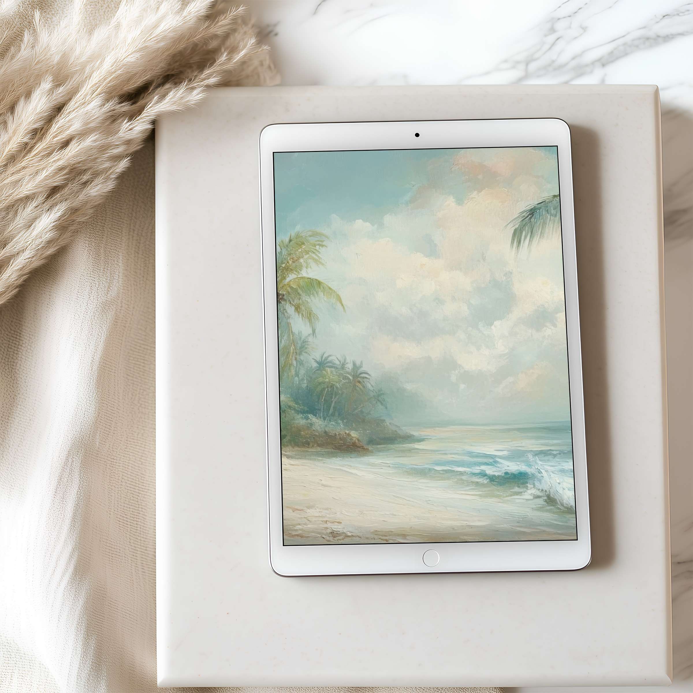 Elegant tablet wallpaper featuring a serene beach scene with pastel skies, ideal for iPad and Android, high resolution download