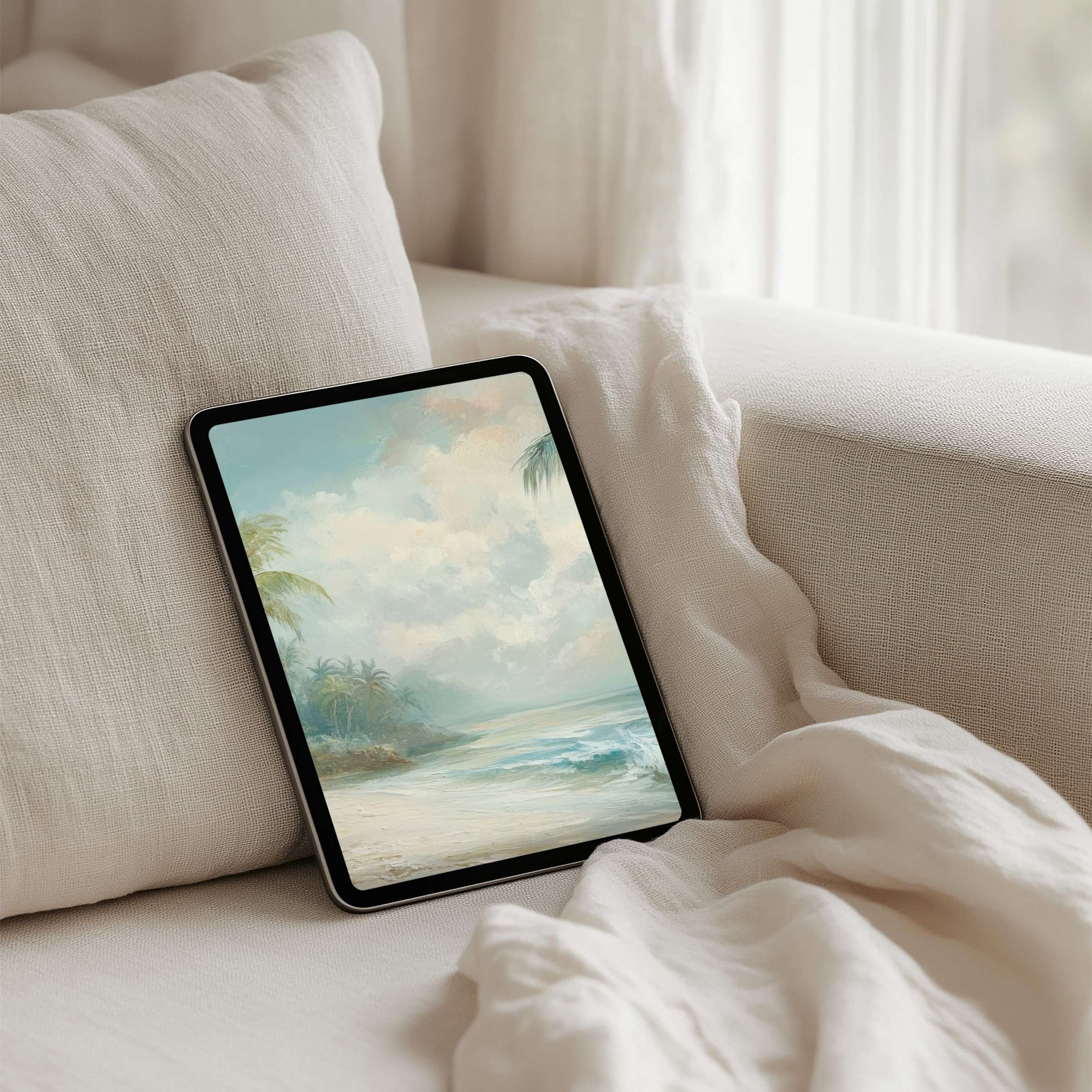Elegant coastal artwork enhancing your iPad background with instant download offers calm inspiration for any tablet setting