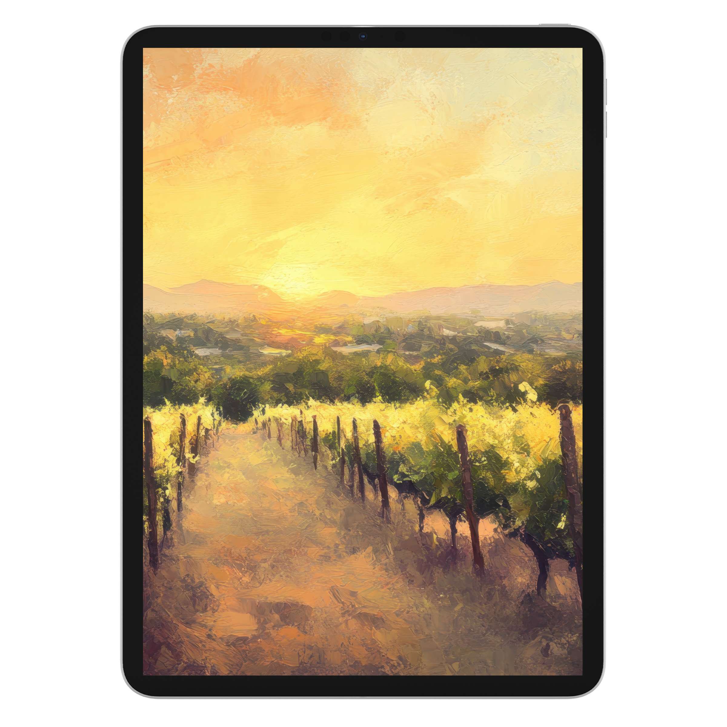 Warm sunset over a serene vineyard, this summer iPad wallpaper offers a calming digital download for your tablet background needs
