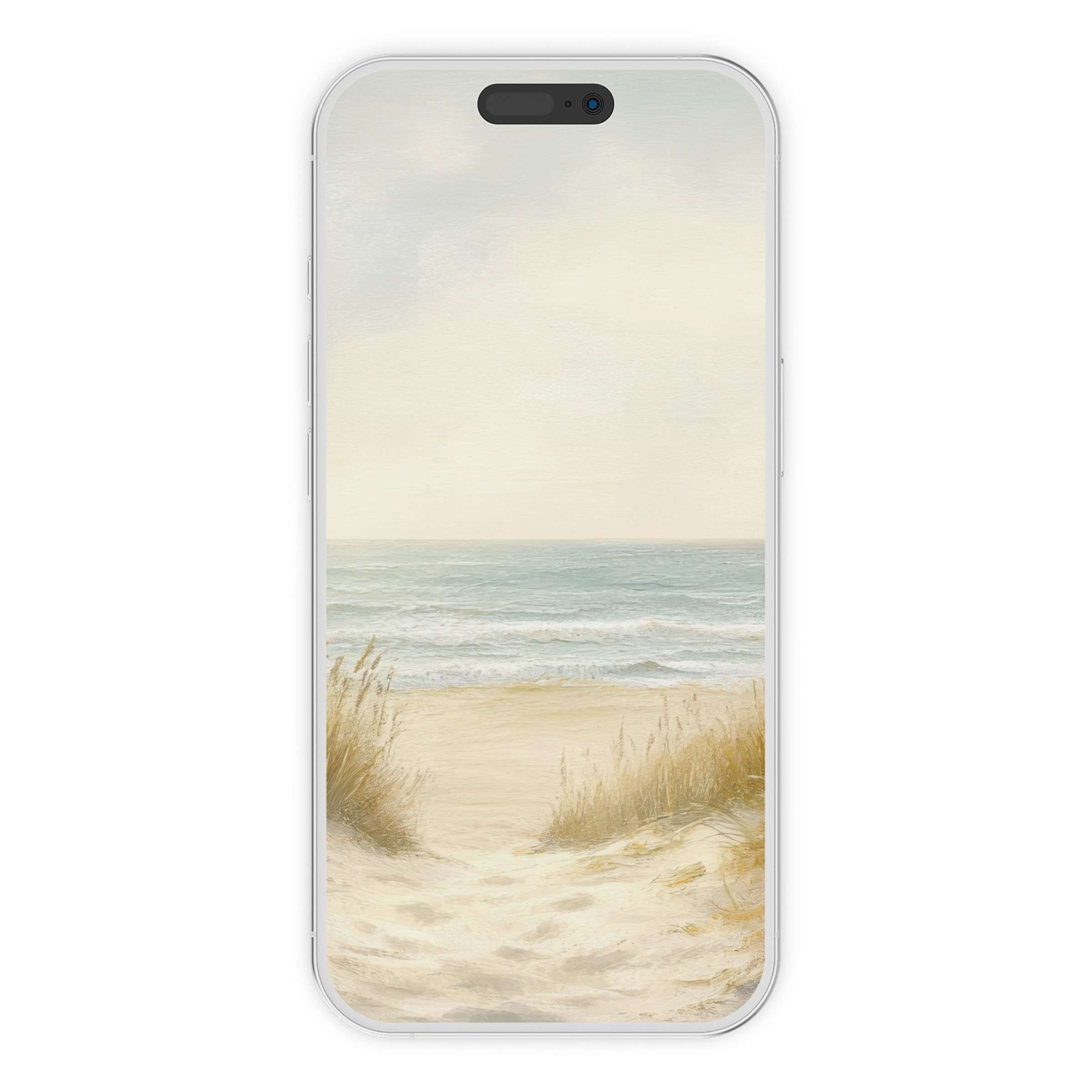 Serene summer iPhone wallpaper featuring a pastel beachscape digital download, perfect phone background for calming elegance on Android