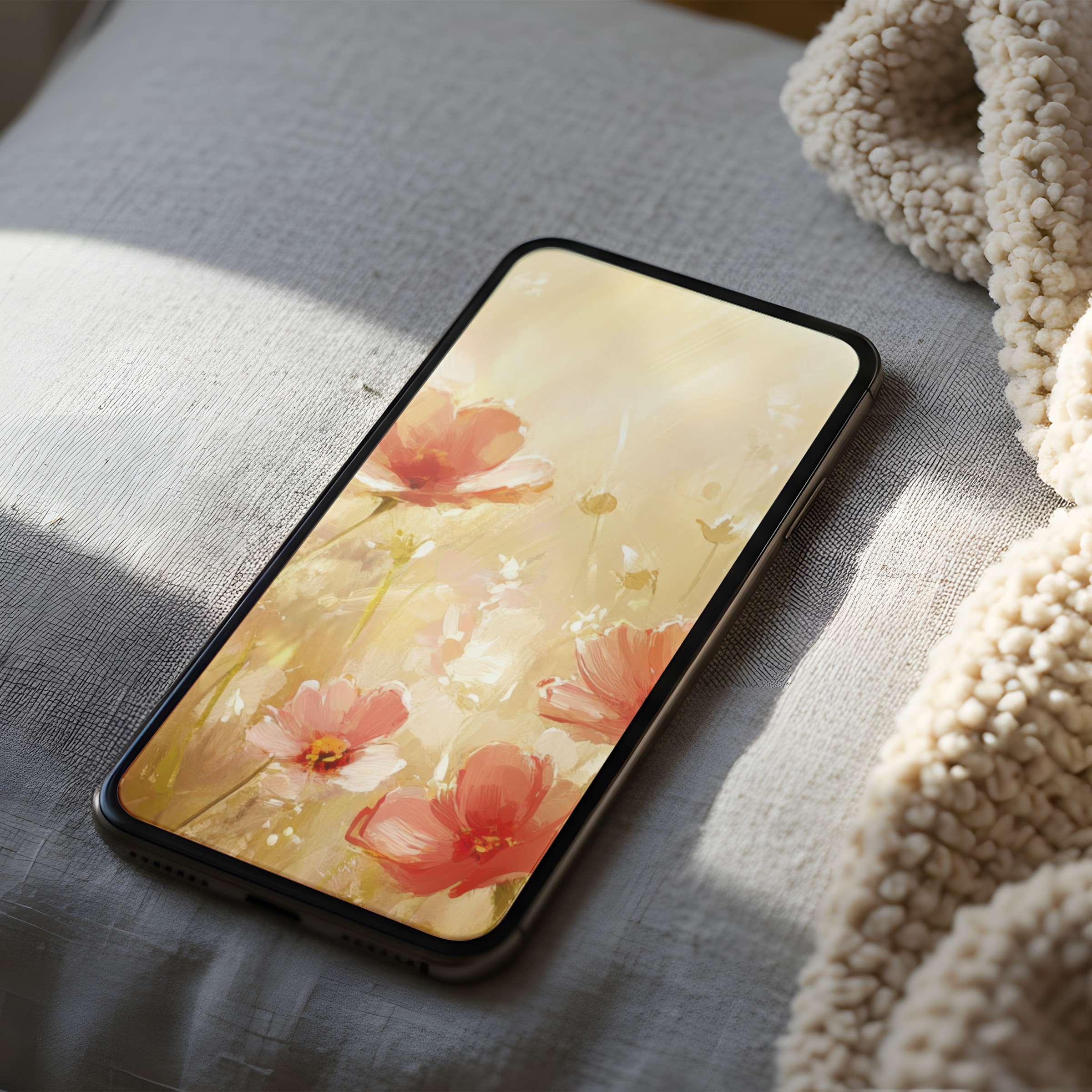 Phone wallpaper featuring elegant soft pink flowers on a beige background offers a serene, high-resolution digital download for iPhone and android