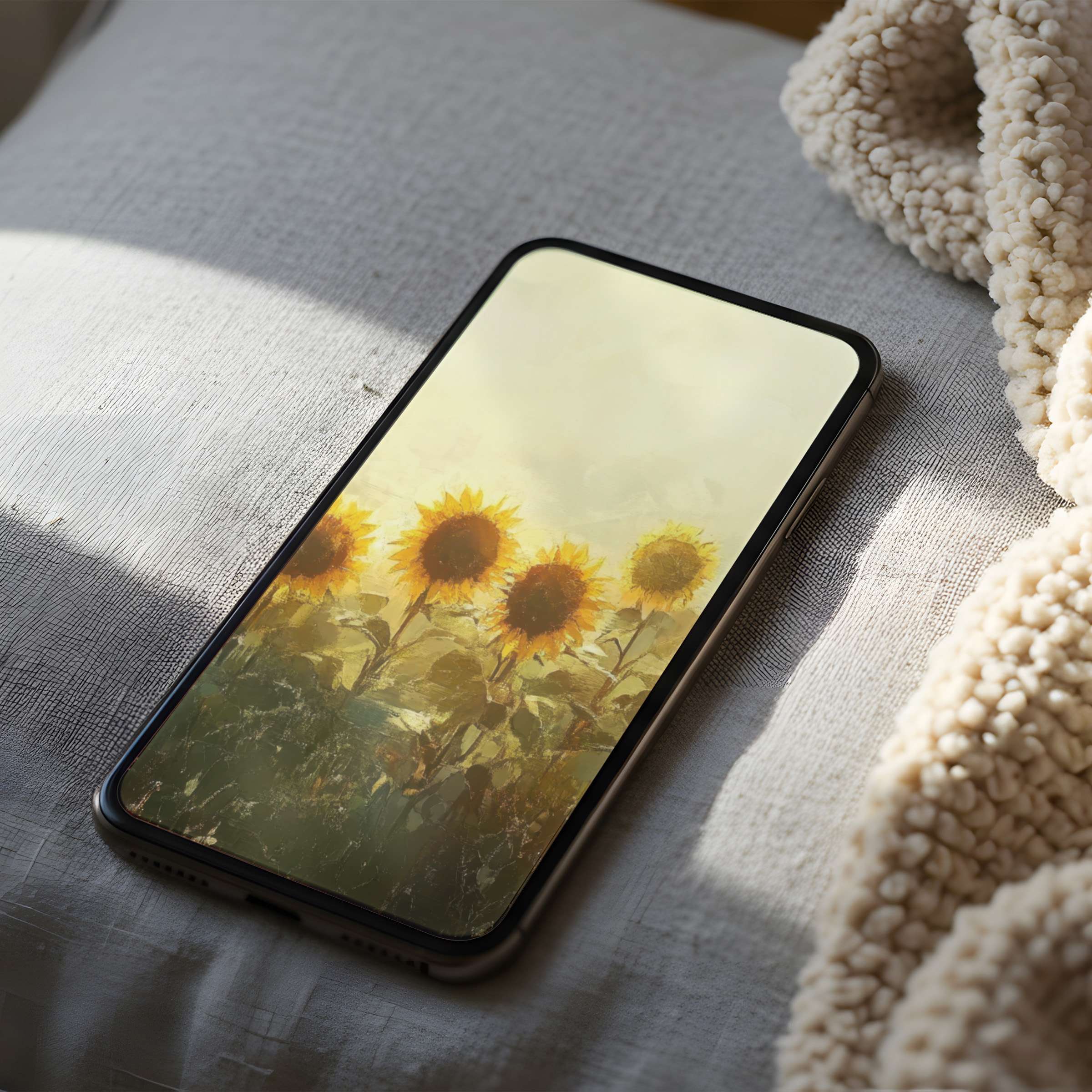 Sunflower phone wallpaper in soft pastels conveys calm elegance, perfect high-resolution digital download for iPhone and Android users