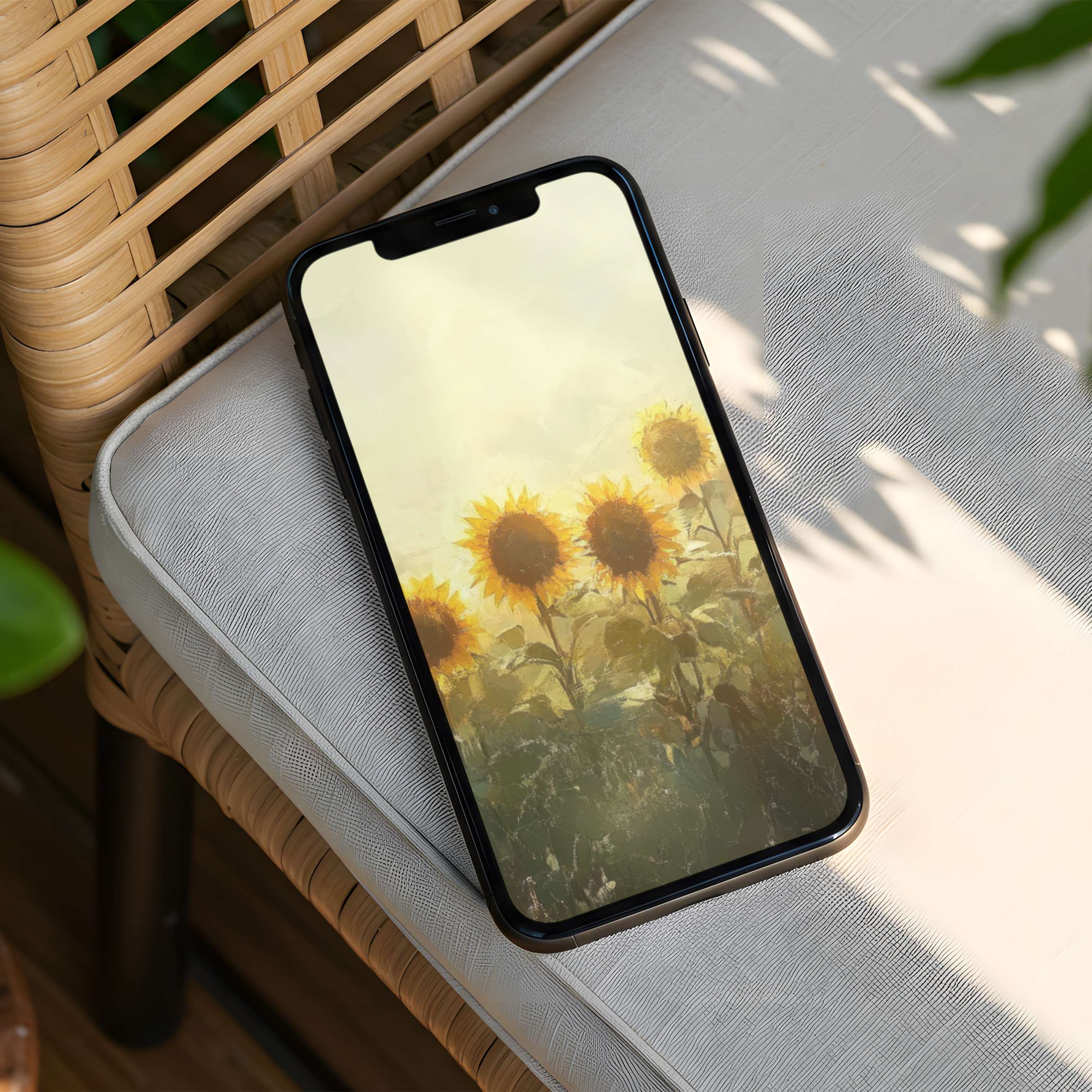 Sunlit sunflower iPhone background for instant download brings elegance and mindfulness to your phone with calming artful design