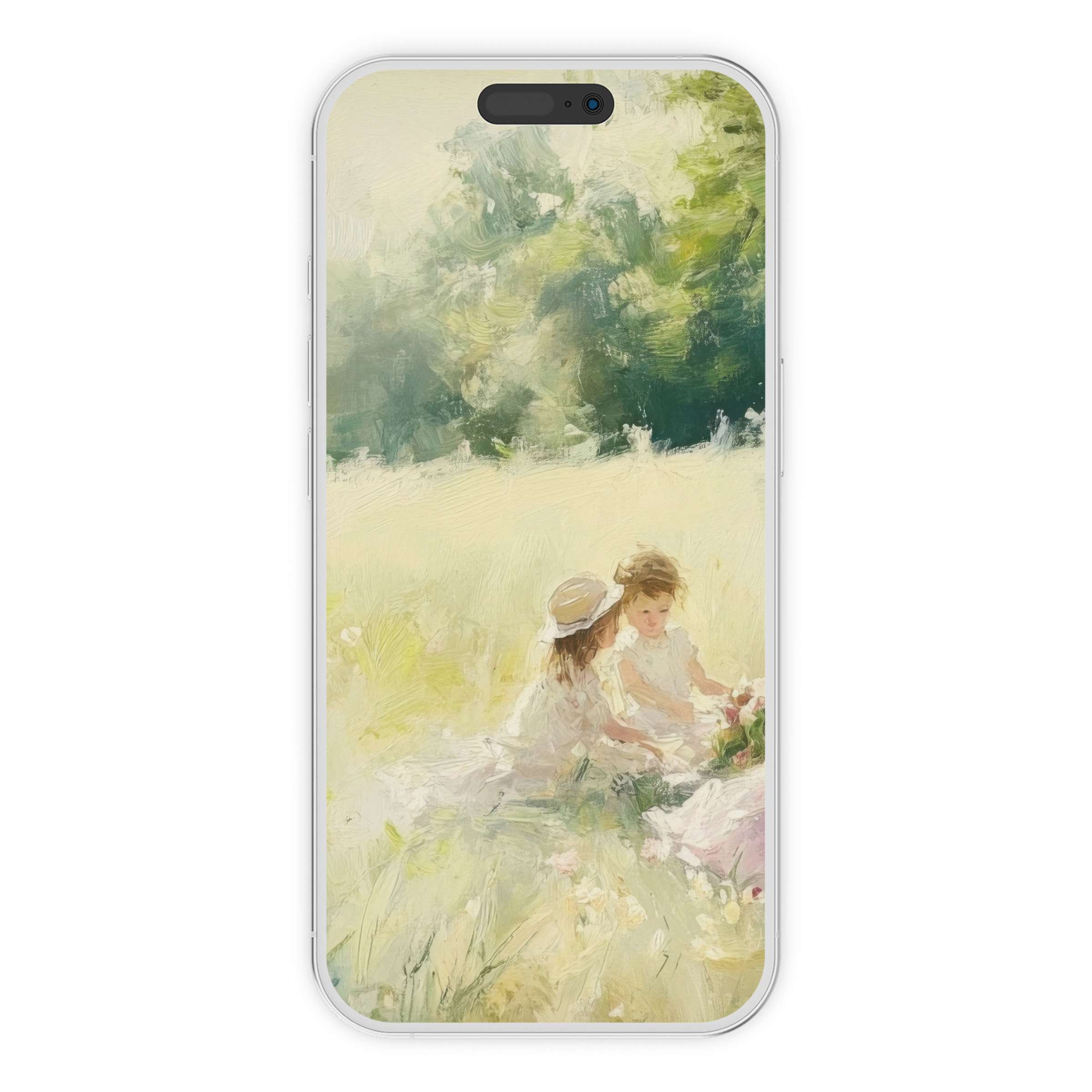 Elegant summer iPhone wallpaper featuring soft impressionist landscape with children in nature, perfect phone background digital download