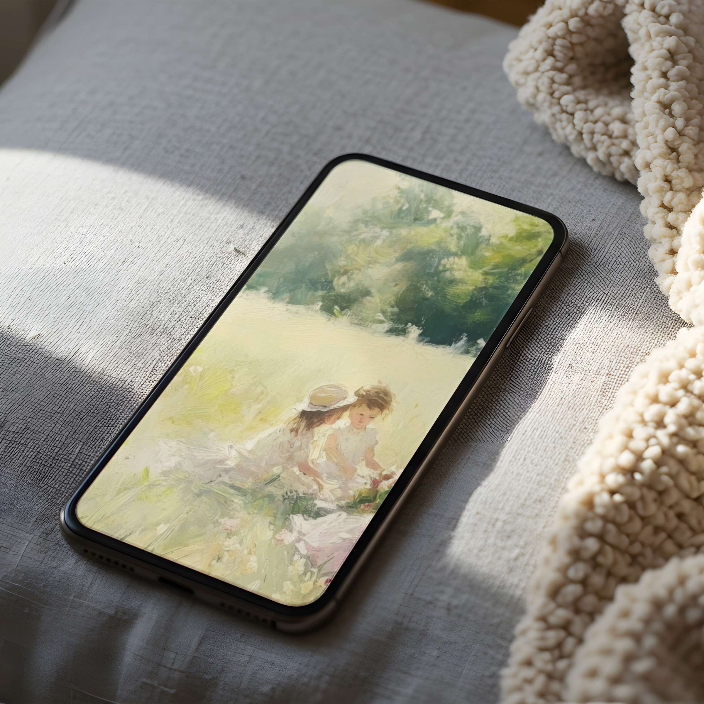 Elegant phone wallpaper featuring soft impressionist art with pastel tones, perfect for iPhone and android phones, offering a serene digital download