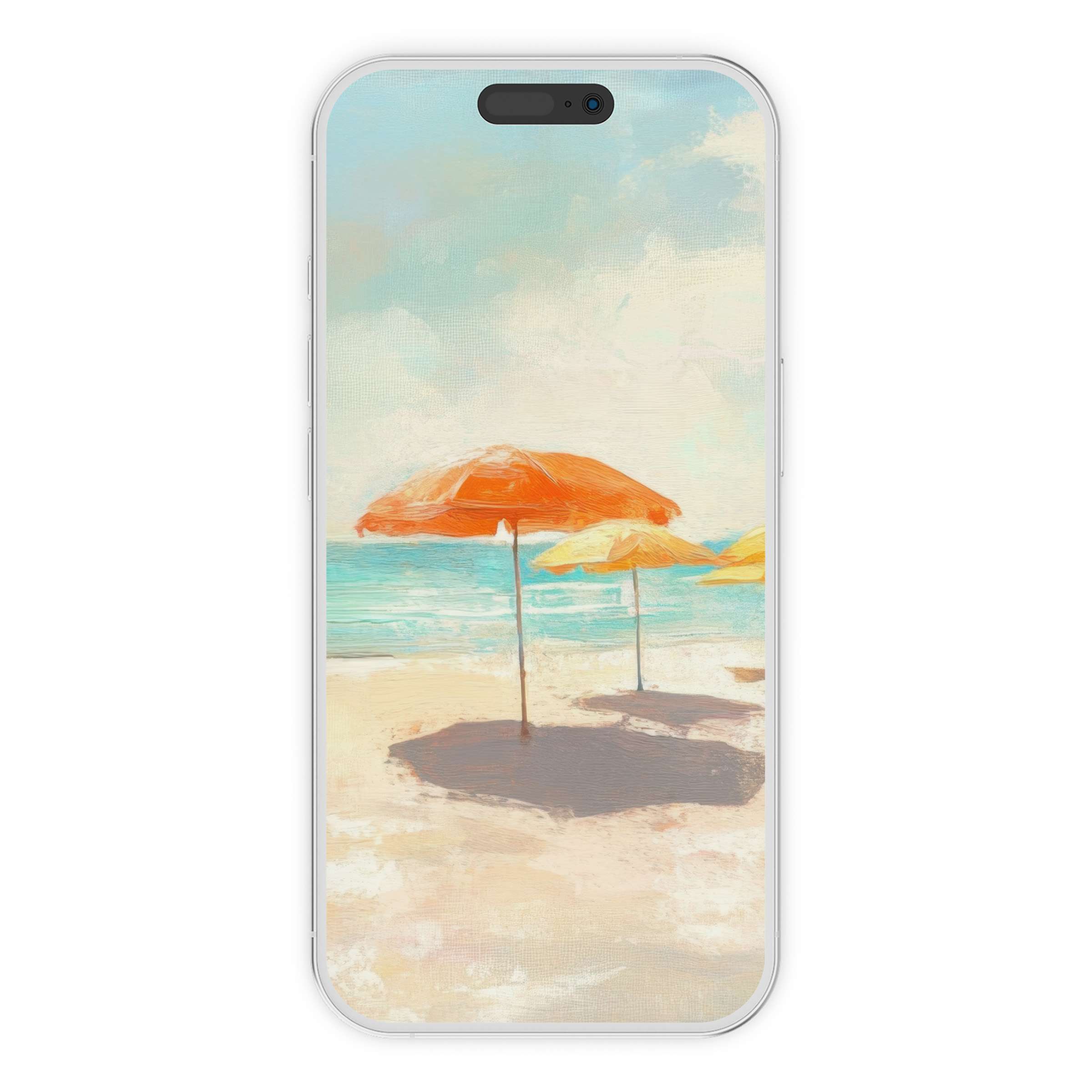 Vibrant summer iPhone wallpaper with beach umbrellas on a sunny shore, offering a serene phone background as a digital download