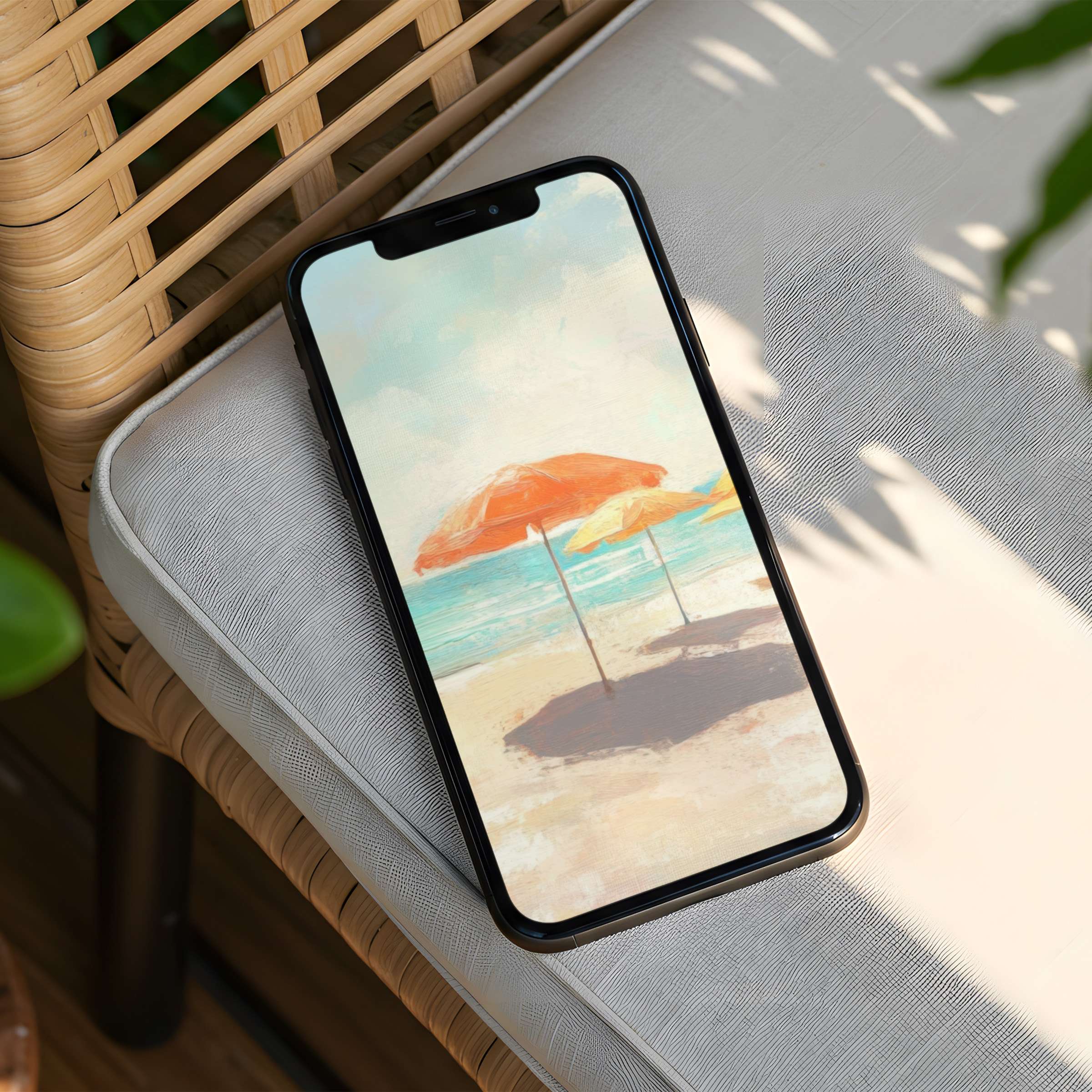 Serene iPhone background with beach umbrellas in soft pastels inspiring calm and elegance instant download for any phone user