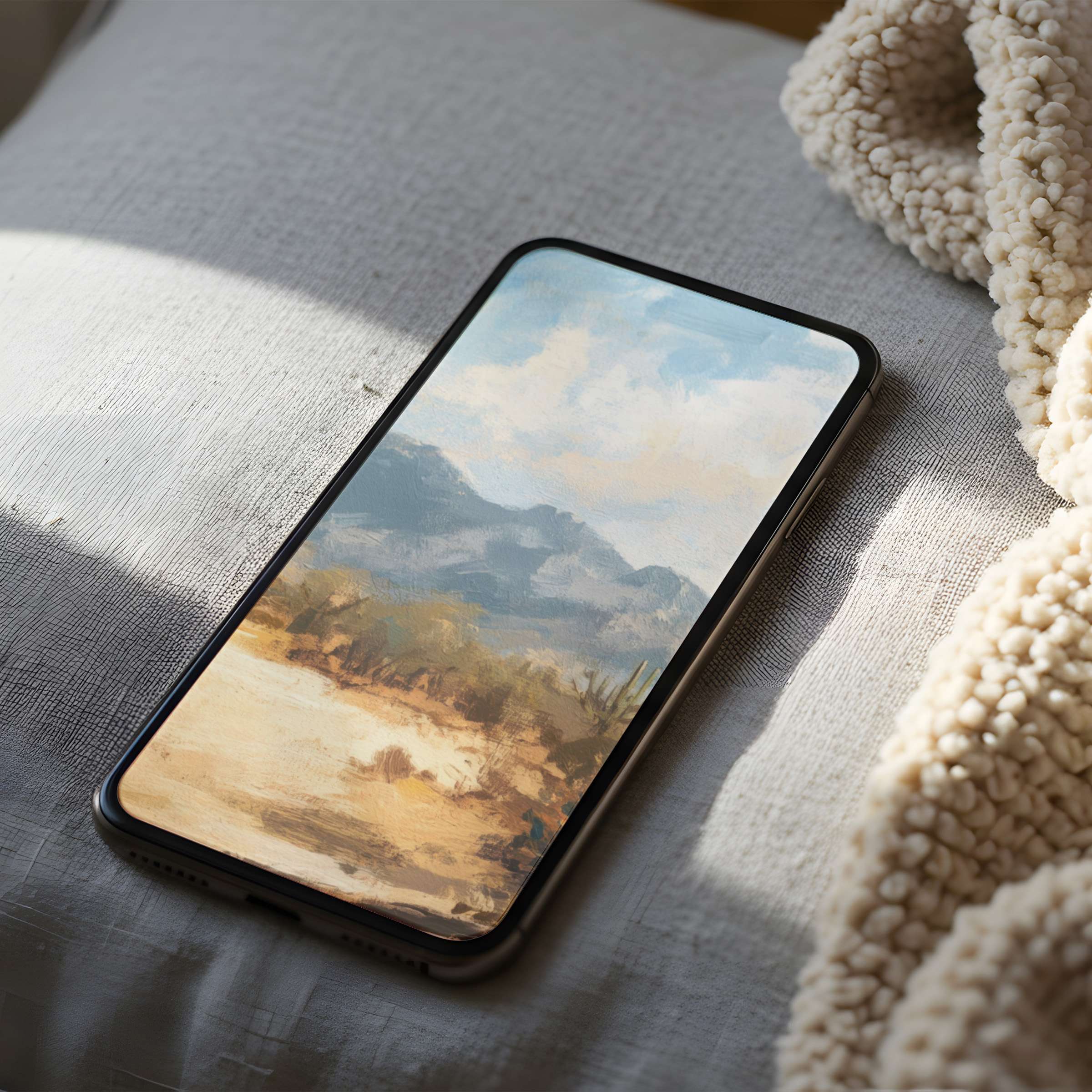 Elegant phone wallpaper featuring serene landscape art in soft blues and earth tones, ideal for iPhone and Android, high resolution download