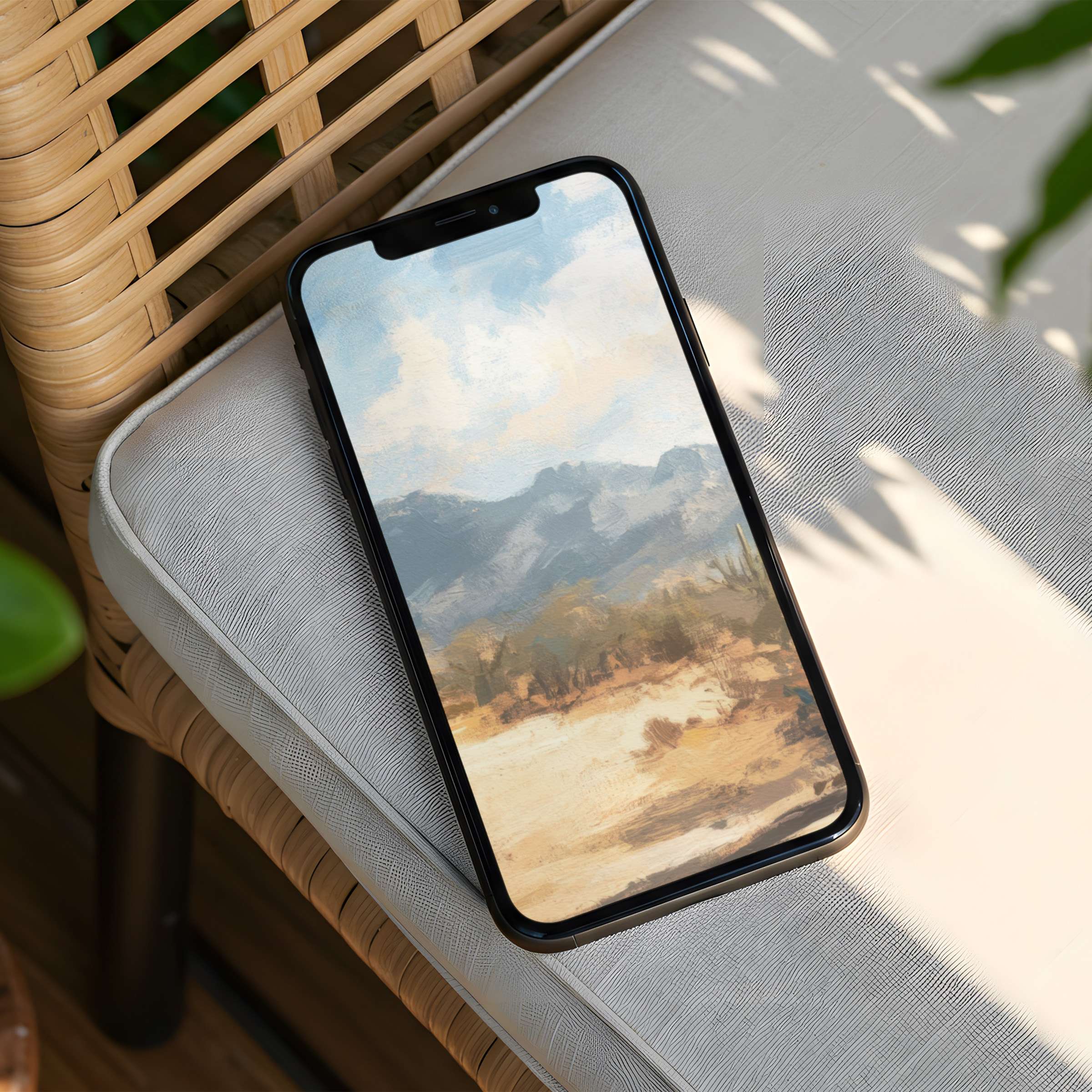 Tranquil iPhone background with serene landscape painting for instant download on phone offers mindful elegance and calming inspiration